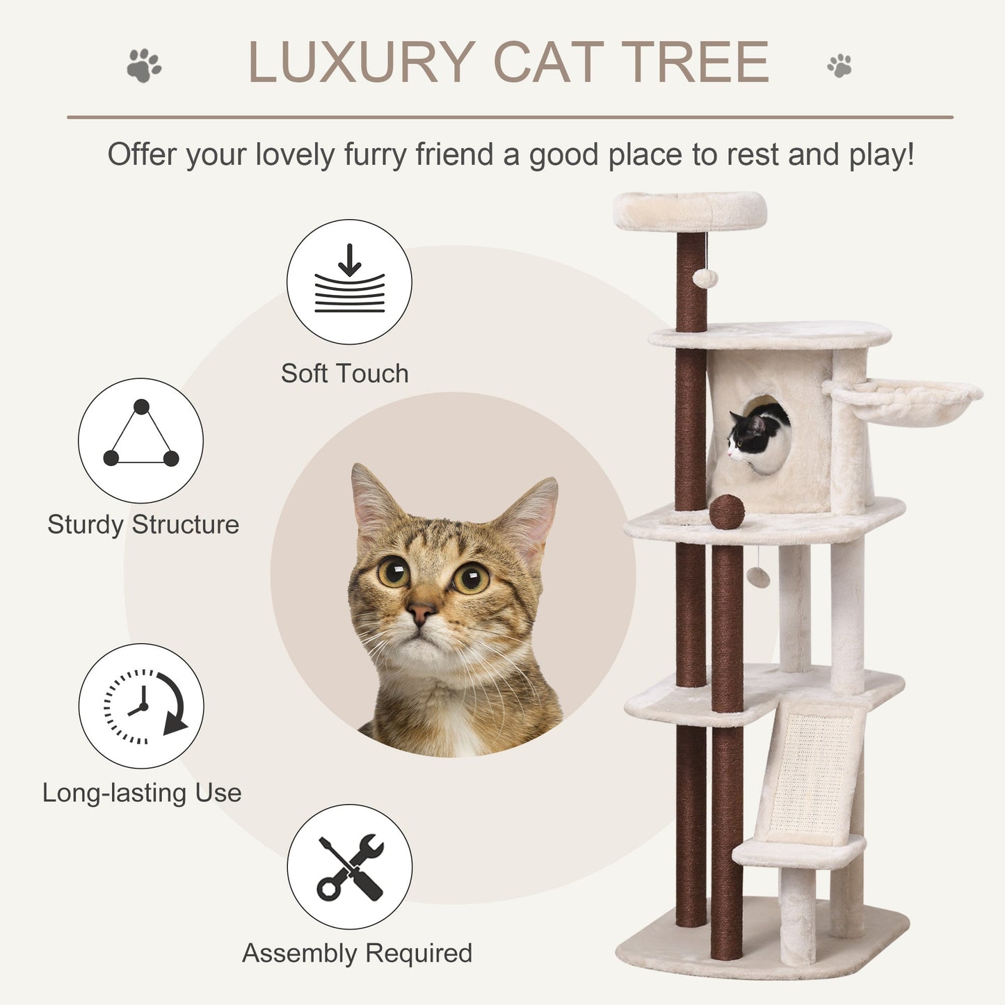 68" Cat Tree Tower, Large Cat Condo Furniture, Multi-Level Cat Tower with Scratching Posts, Ramp, Perches, Dangling Ball - Gallery Canada