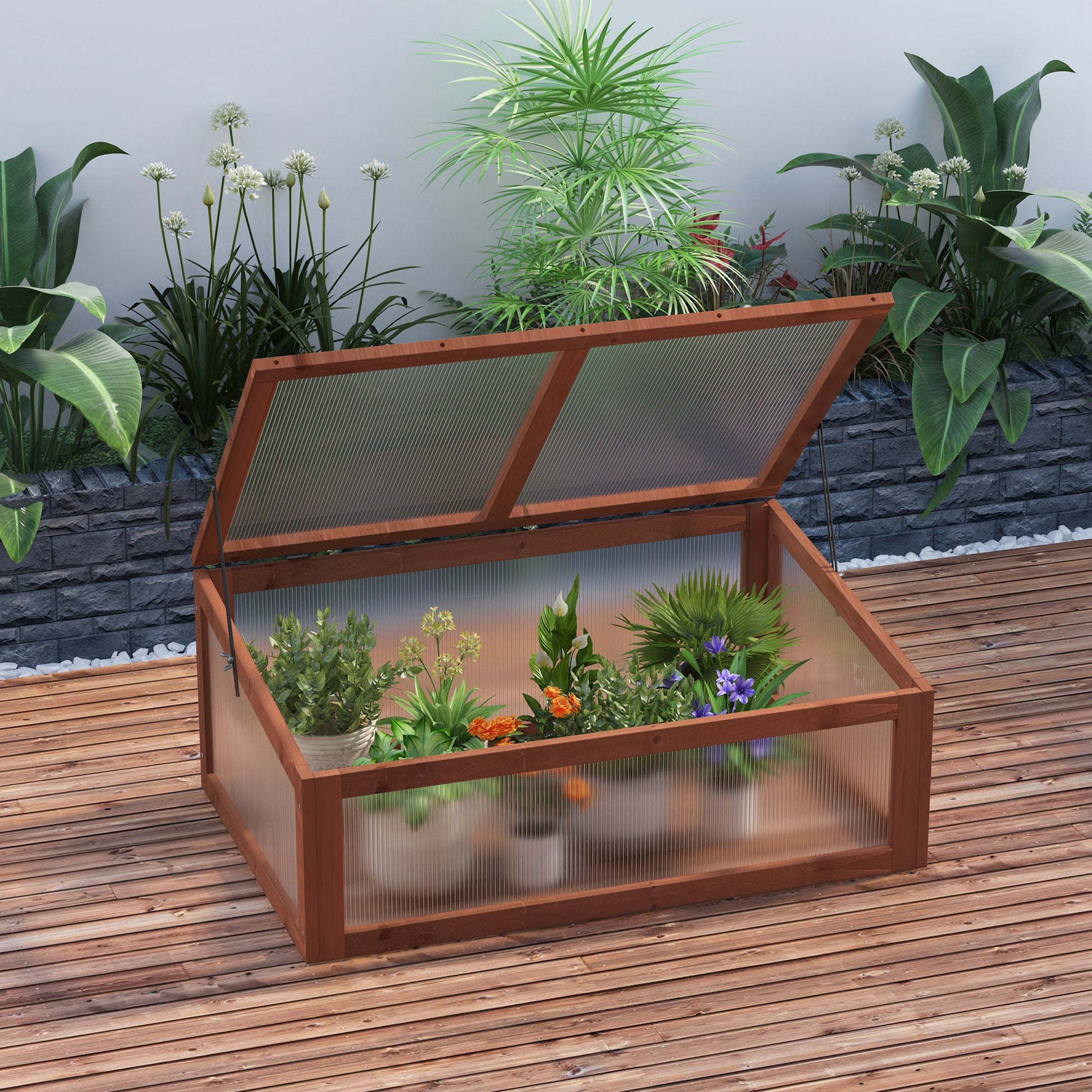 39" x 26" x 16" Wooden Cold Frame with Openable and Tilted Top Cover, Small Polycarbonate Planter Box for Flowers, Vegetables, Plants, Brown Greenhouses Brown at Gallery Canada