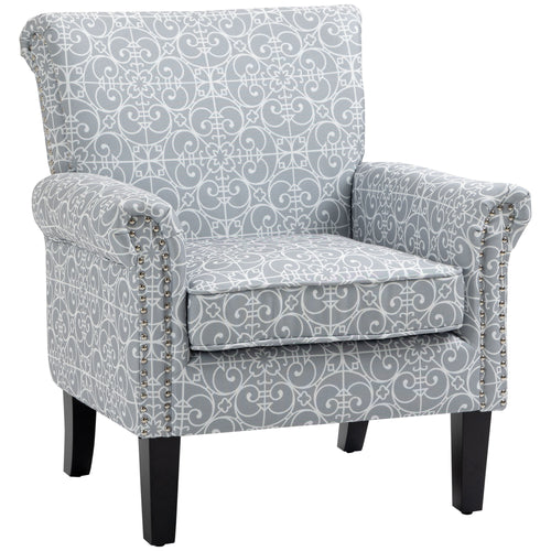 Upholstered Accent Chair, Single Armchair with Soft Linen Touch Fabric, Rolled Armrest with Nailhead Trim, Grey