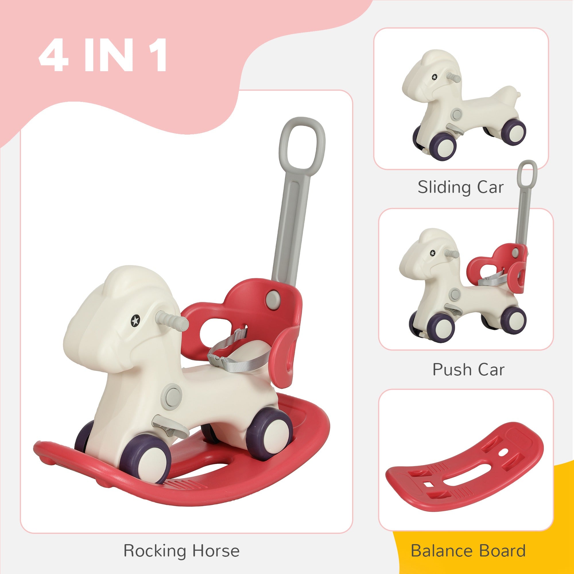 4 in 1 Kids Rocking Horse w/ Detachable Balance Board &; Push Handel, Red Rocking Horses at Gallery Canada