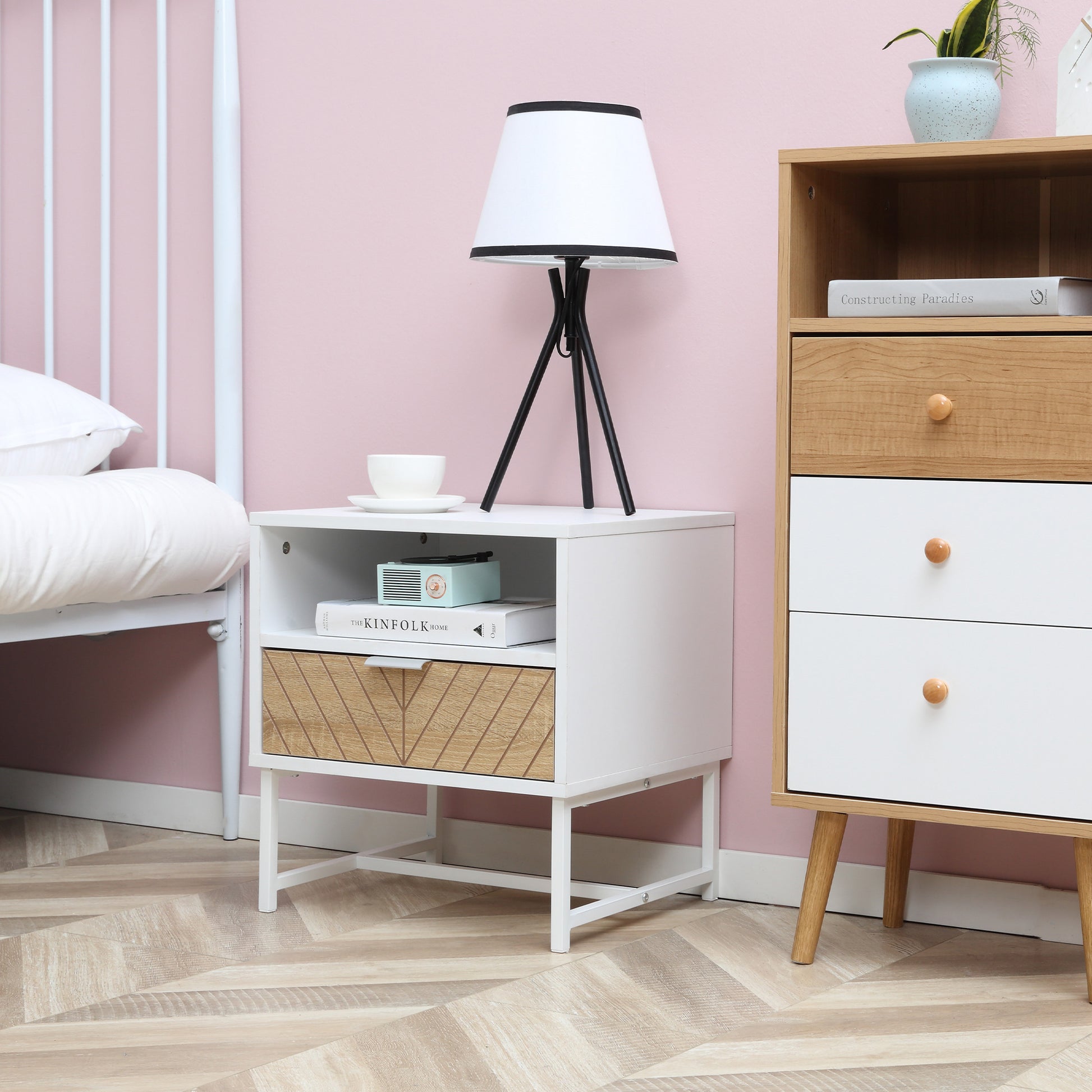 Modern Bedside Table with Drawer, Nightstand with Storage Shelf, Sofa End Table for Bedroom, White and Oak Bedside Tables at Gallery Canada