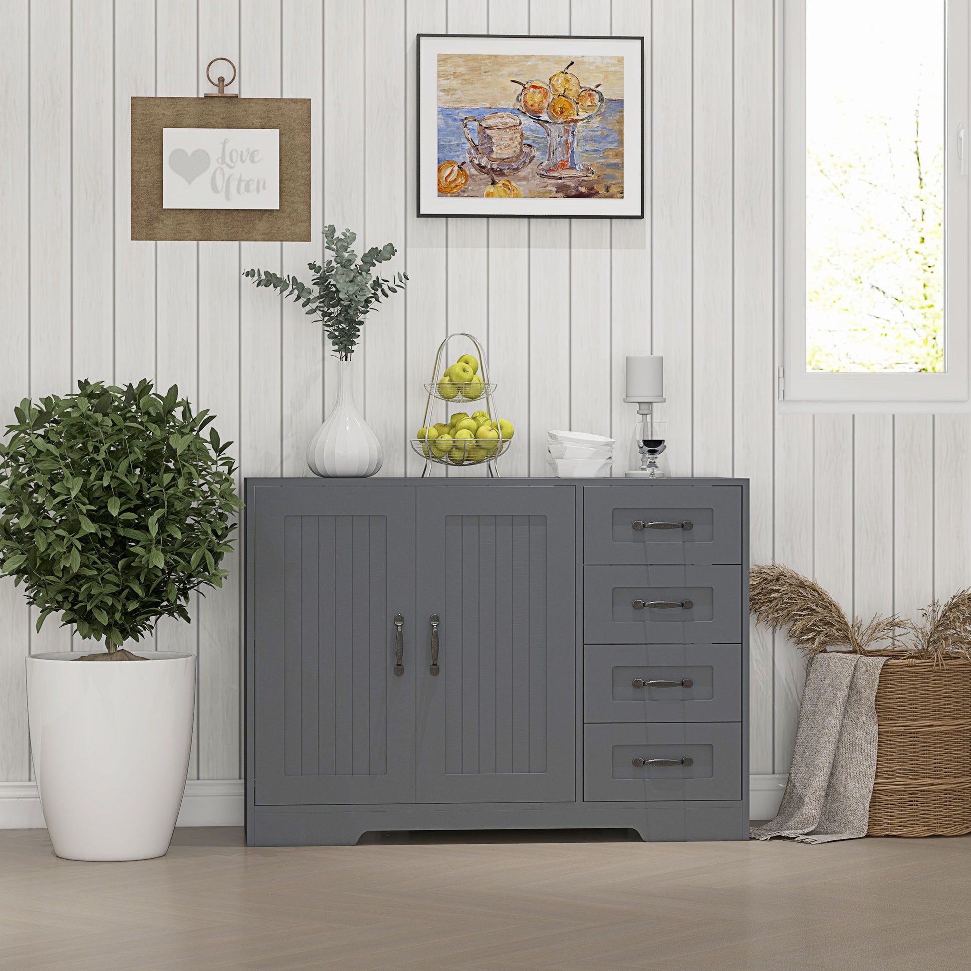 Modern Kitchen Storage Cabinet, Sideboard Buffet Cabinet with Drawers and Breadboard Door, Grey Storage Cabinets   at Gallery Canada