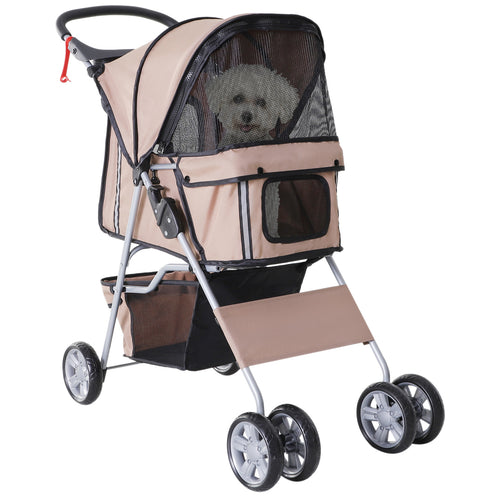 4 Wheel Dog Pet Stroller Dog Cat Carrier Folding Sunshade Canopy with Brake, Brown