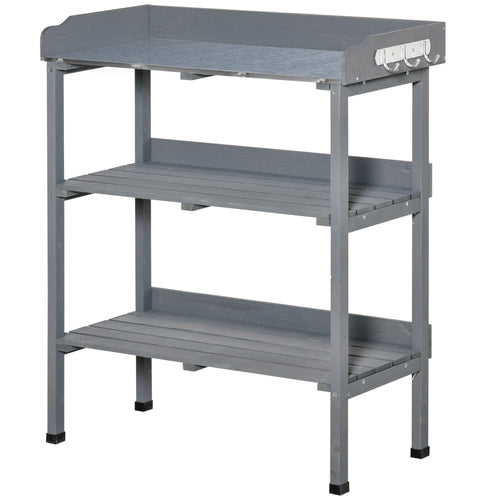 Outdoor Garden Wooden Potting Bench Work Station Table Tool Storage Shelf w/ Hooks, Grey