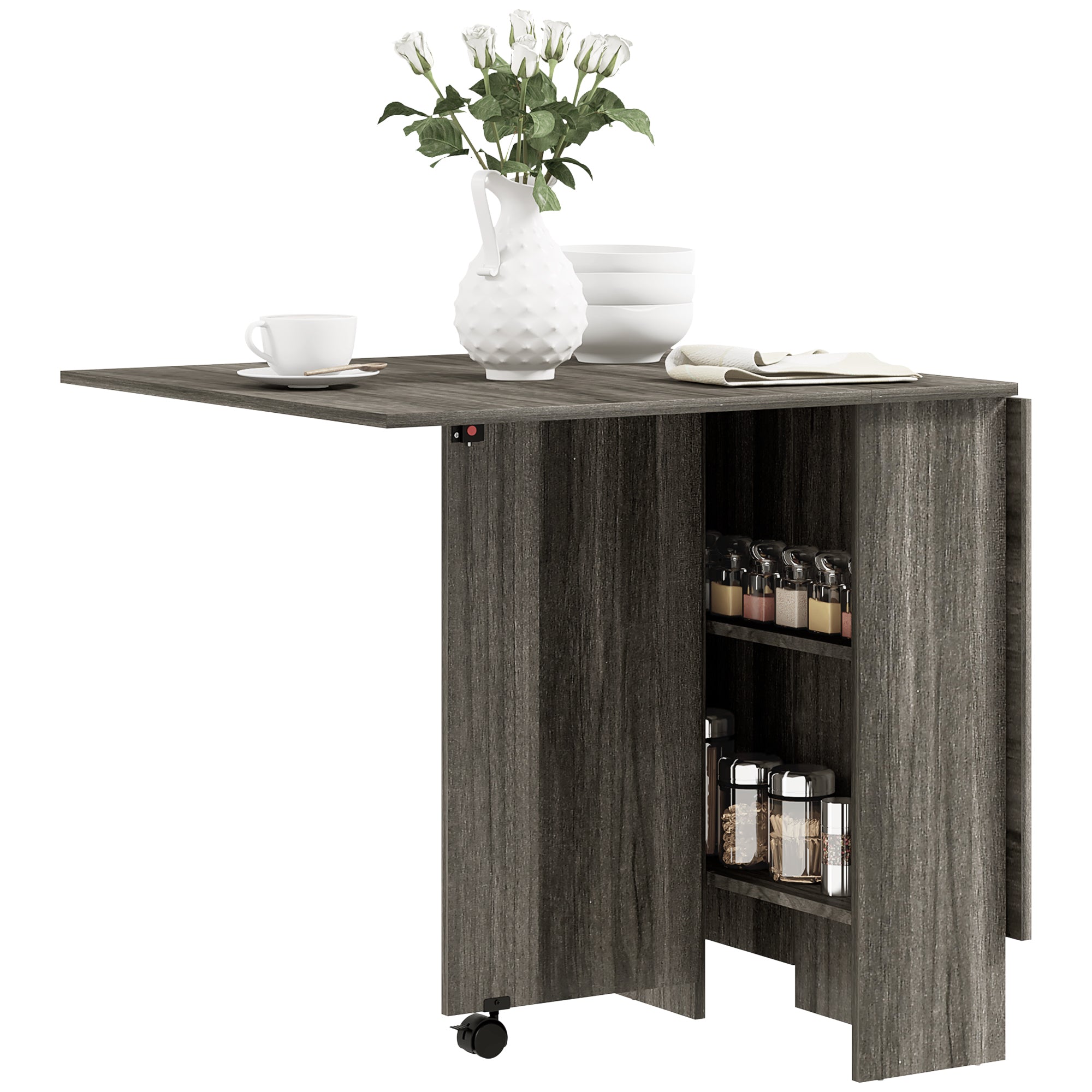 Extendable Dining Table, Collapsible Folding Table w/ 2-tier Shelves and Rolling Casters, Grey Wood Grain Dining Tables   at Gallery Canada