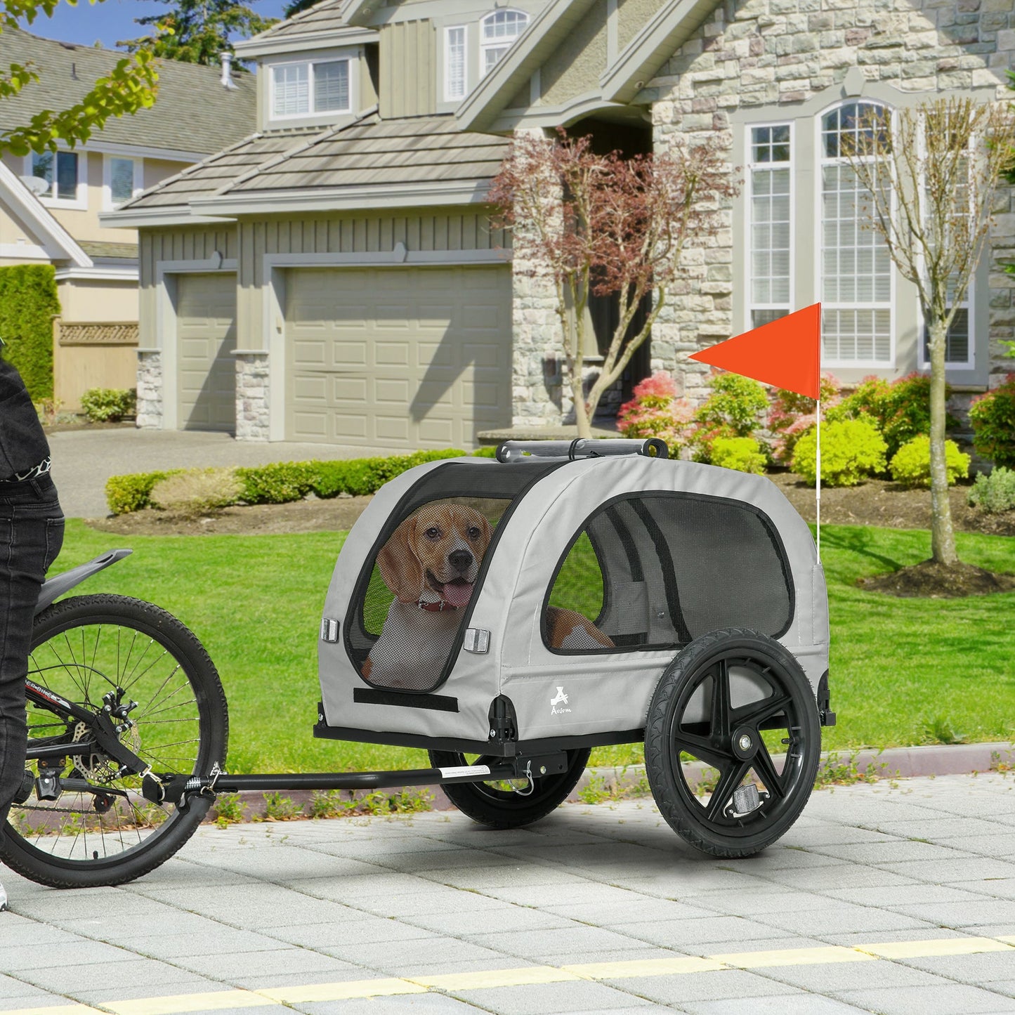 Dog Bike Trailer with Mesh Windows, Safety Leash, Safety Flag, Front/Rear Doors, for Medium Dogs Travel, Light Grey Dog Bike Trailers & Strollers   at Gallery Canada