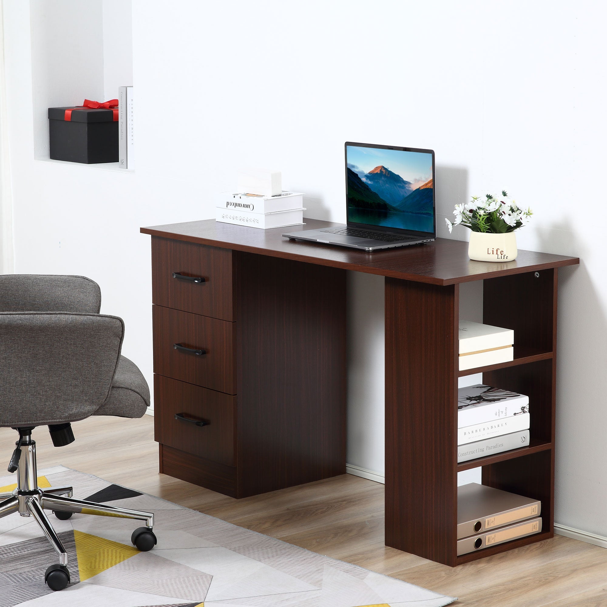 Computer Desk with 3-Tier Storage Shelves, 47 Inches Home Office Desk with Drawers, Study Writing Table, Walnut Writing Desks   at Gallery Canada