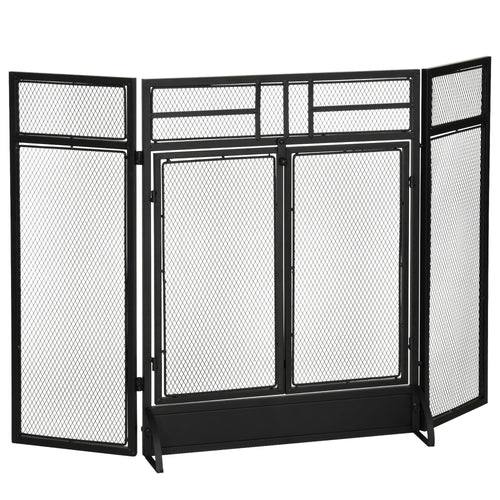 3-Panel Steel Mesh Fireplace Screen, Decorative Fire Spark Guard Cover with Double Doors, 47x31in, Black