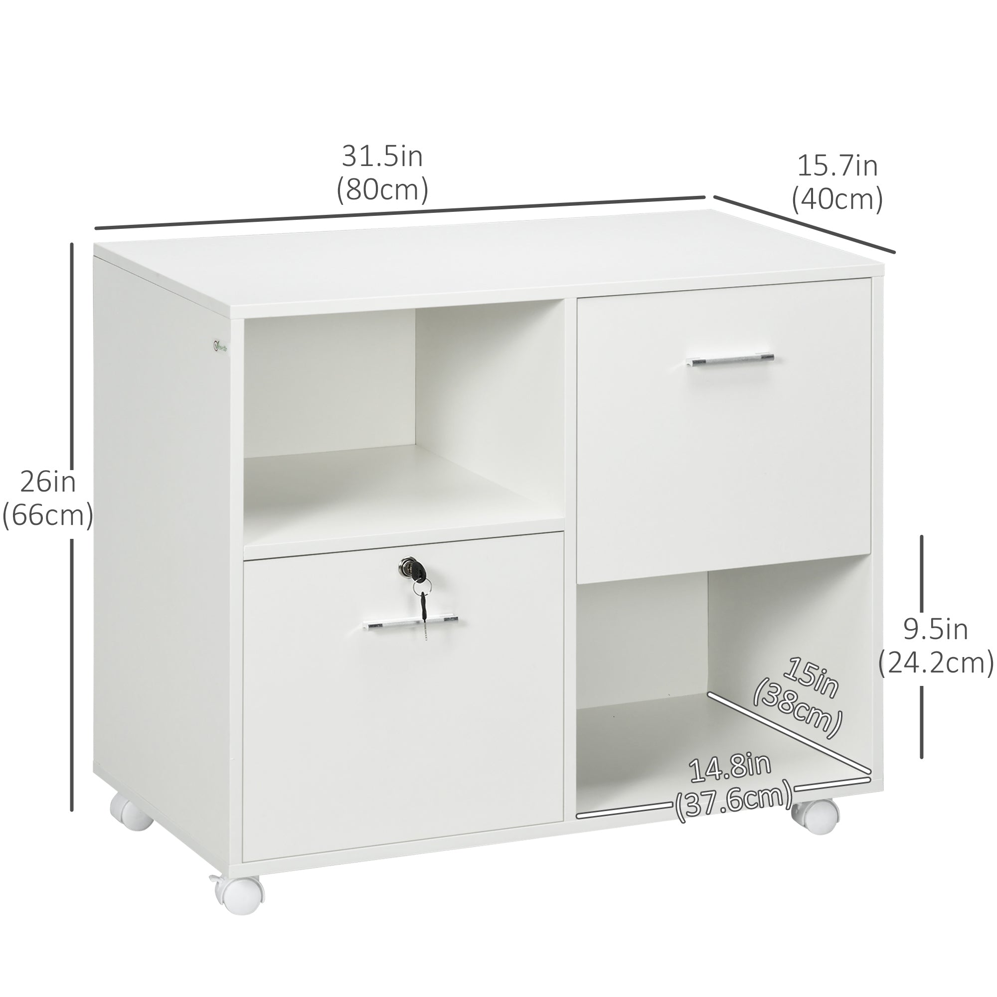 Lateral Filing Cabinet with Drawers and Lock, File Cabinet, Mobile Printer Stand with Open Shelves and Wheels for Letter and A4 Size Documents, White Office Cabinets & Cupboards at Gallery Canada