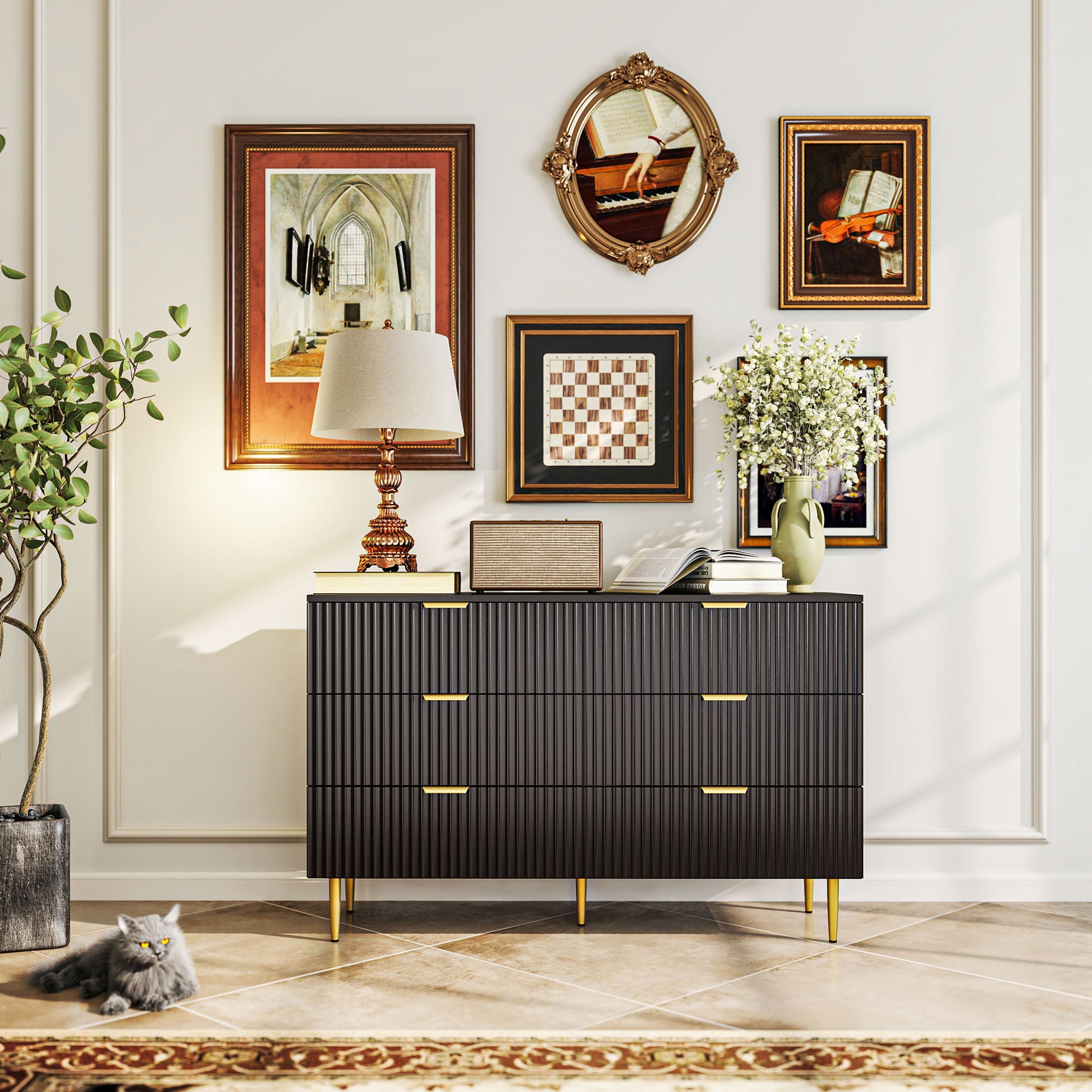 Modern Chest of Drawers 6 Drawer Dresser for Bedroom with Gold Legs and Handles, Black Storage Cabinets at Gallery Canada