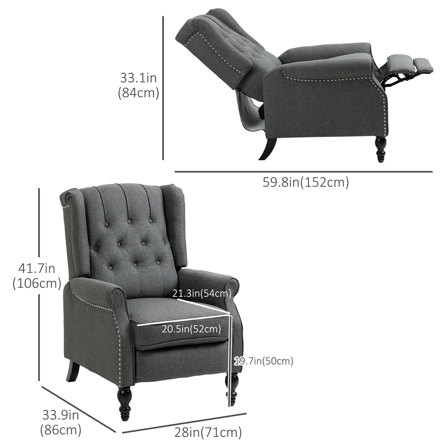 Wingback Reclining Chair with Footrest, Button Tufted Recliner Chair with Rolled Armrests for Living Room, Dark Grey Single Sofas   at Gallery Canada