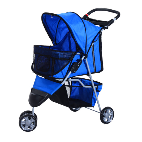3 Wheels Foldable Dog Stroller with Storage Basket, Adjustable Canopy, Cupholder for Miniature and Small Dogs, Blue