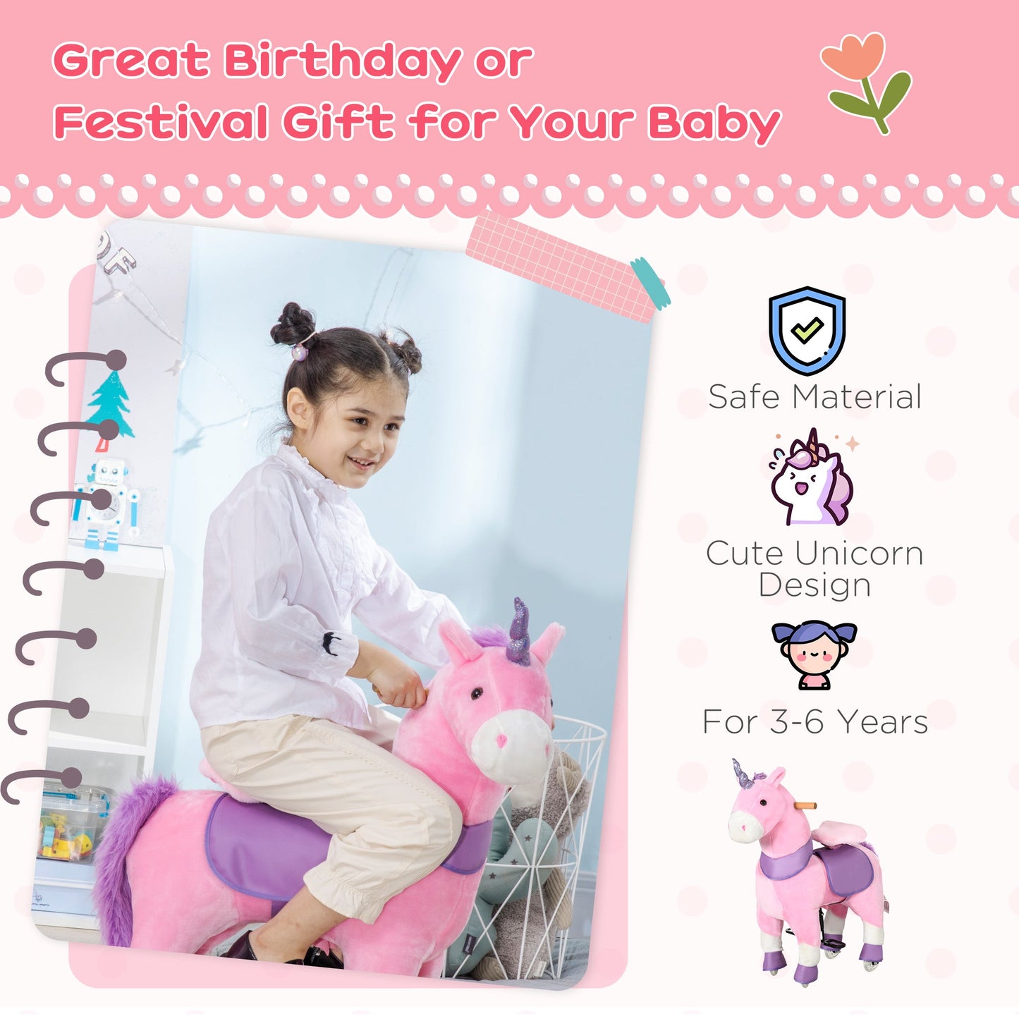 Ride On Unicorn Walking Horse Mechanical Pony Toy with Wheels Gift for 3-6 Years Girls Boys Pink Rocking Horses   at Gallery Canada