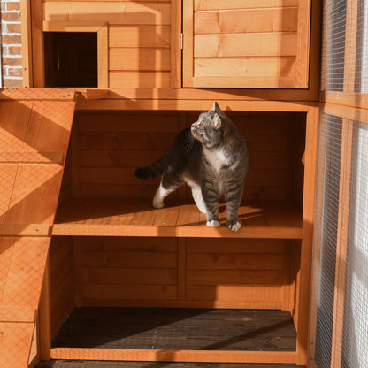 68.75" H Cat Cage Large Wooden Outdoor Cat House with Large Run for Play, Catio for Lounging, and Condo Area for Sleeping, Natural Outdoor Cat Enclosures   at Gallery Canada