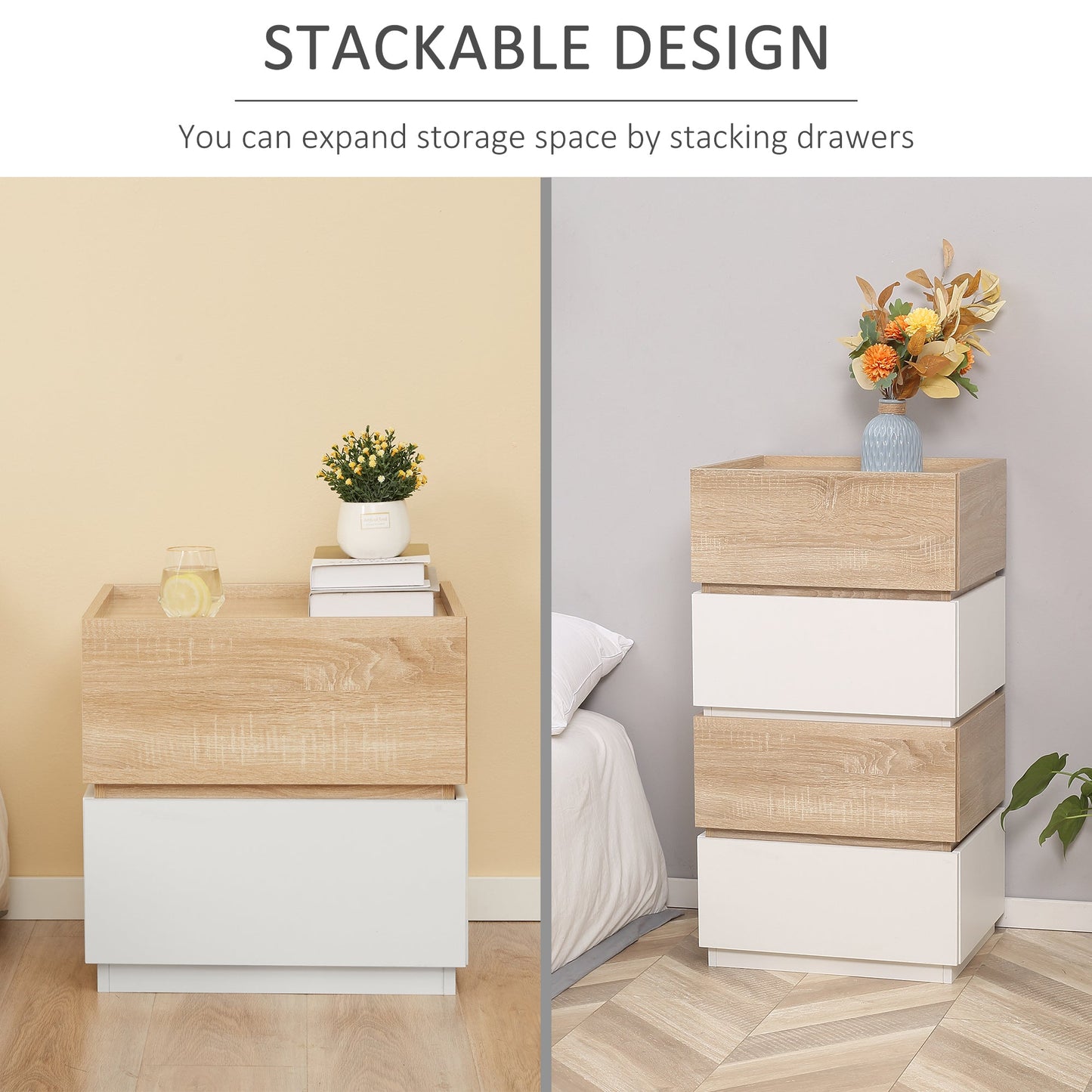 Bedside Table with 2 Stackable Drawers, Modern Nightstand, End Table for Bedroom, Natural Bedside Tables   at Gallery Canada