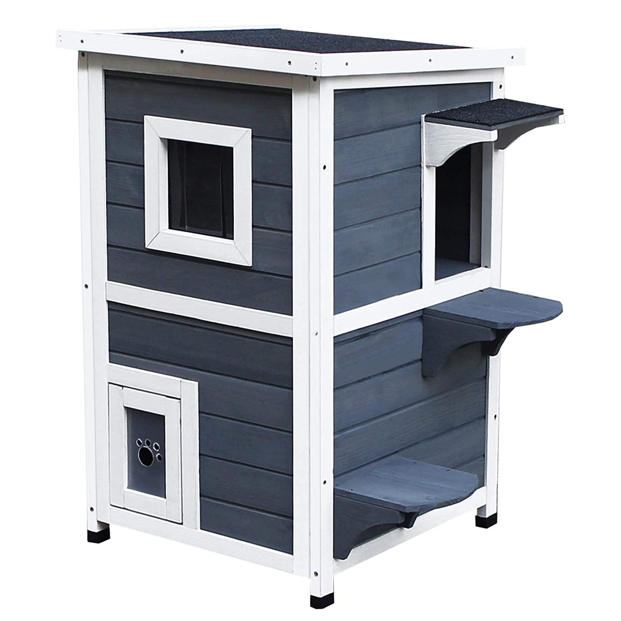 2 Story Wooden Outdoor Cat House with Windows, Platforms, Openable Top, Asphalt Roof, Grey Cat Houses at Gallery Canada