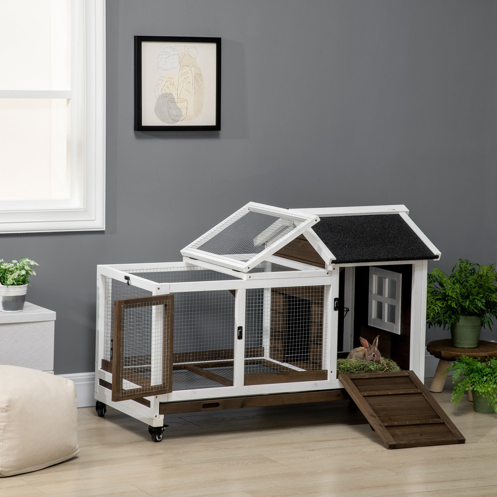Rabbit Cage with Wheels, Ramp, Run, Tray for Indoor Outdoor, Suitable for Rabbit, Guinea Pig, Coffee Rabbit Hutch at Gallery Canada