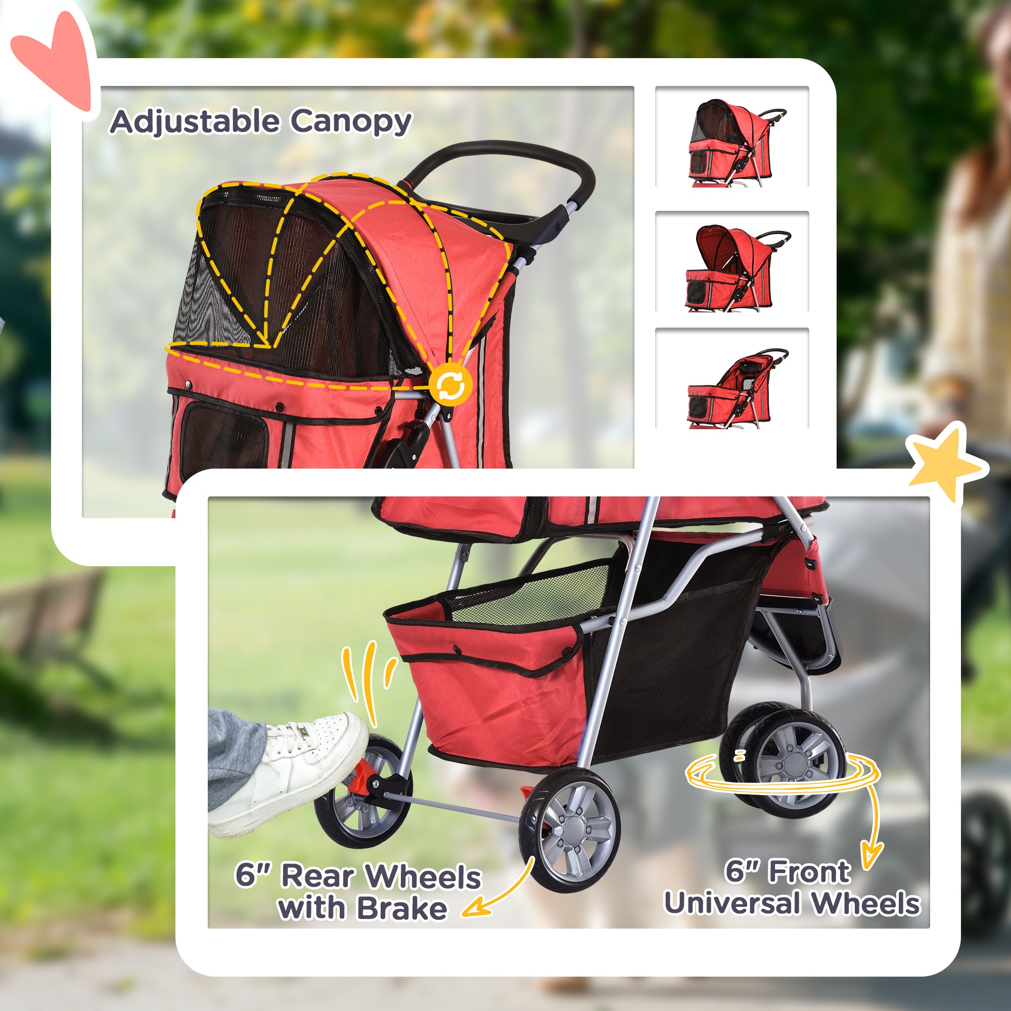 3 Wheels Foldable Dog Stroller with Storage Basket, Adjustable Canopy, Cupholder for Miniature and Small Dogs, Red Dog Bike Trailers & Strollers at Gallery Canada