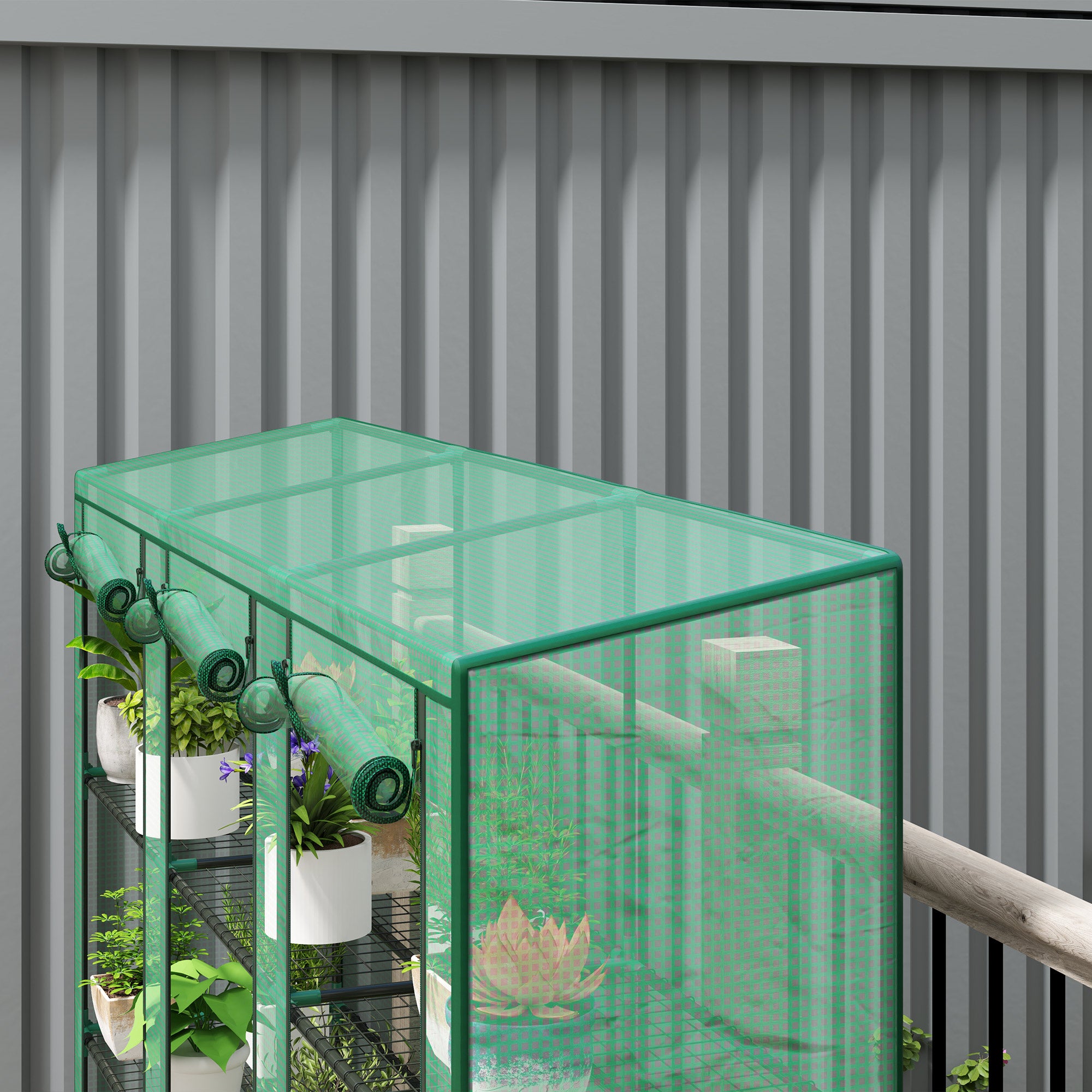 Lean-to Greenhouse with 3 Tier Shelves, Mini Greenhouse with 3 Roll-Up Doors for Indoor Outdoor, Green Greenhouses at Gallery Canada