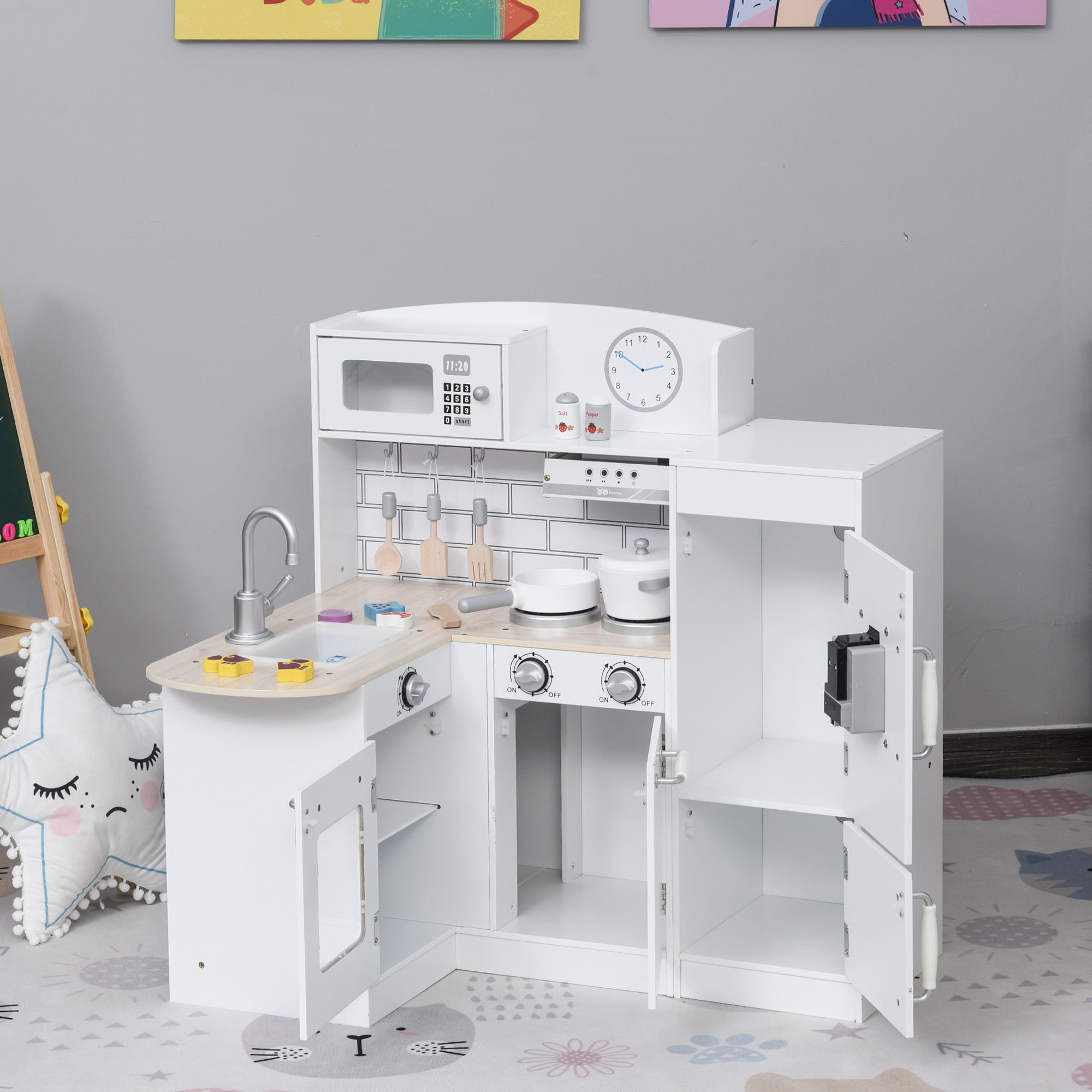 Toy Cooking Set White Kids Kitchen Play Set with Drinking Fountain, Microwave, and Fridge with Accessories White Play Kitchen   at Gallery Canada