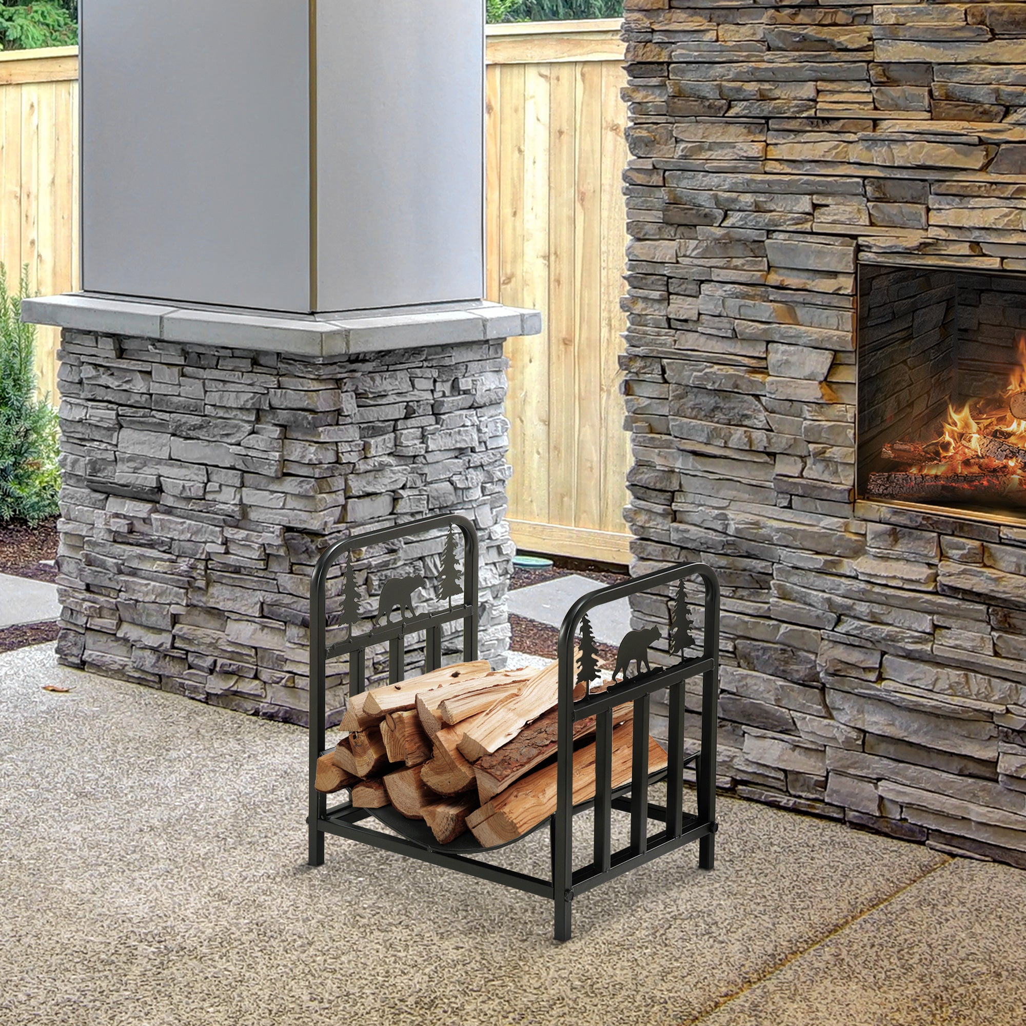 Curved Firewood Rack with Bear and Pine Tree Design, 17 Inch Log Holder Storage Rack with 110 lbs. Capacity, Black Firewood Racks at Gallery Canada
