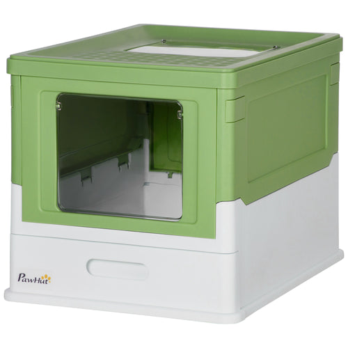 Top Entry Enclosed Kitty Litter Box with Scoop, Tray, Front Entry, Large Space, Foldable, Portable, Dark Green