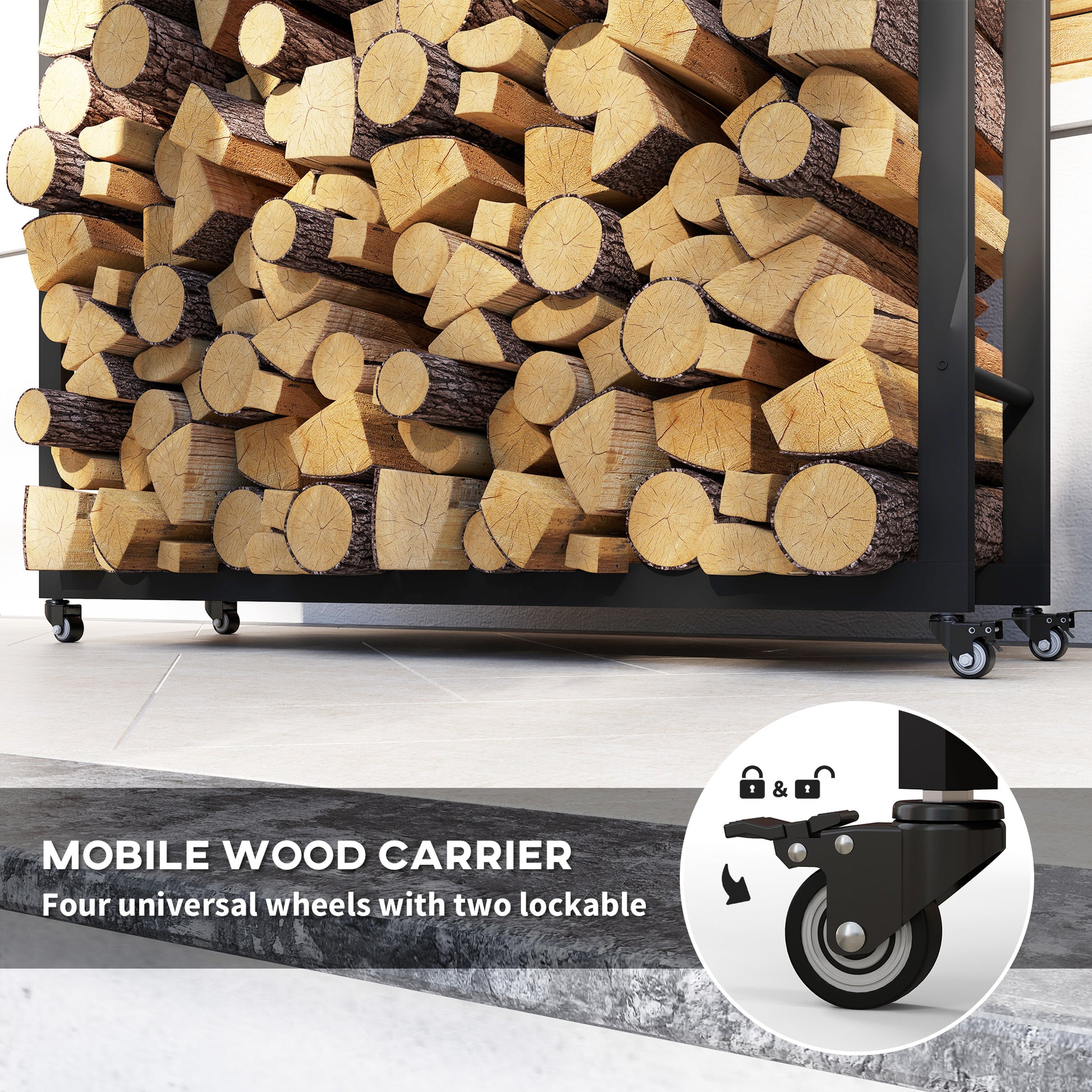 Outdoor Firewood Rack with Wheels Heavy Duty Steel Wood Log Storage Stacker for Fireplace, Black Firewood Racks   at Gallery Canada