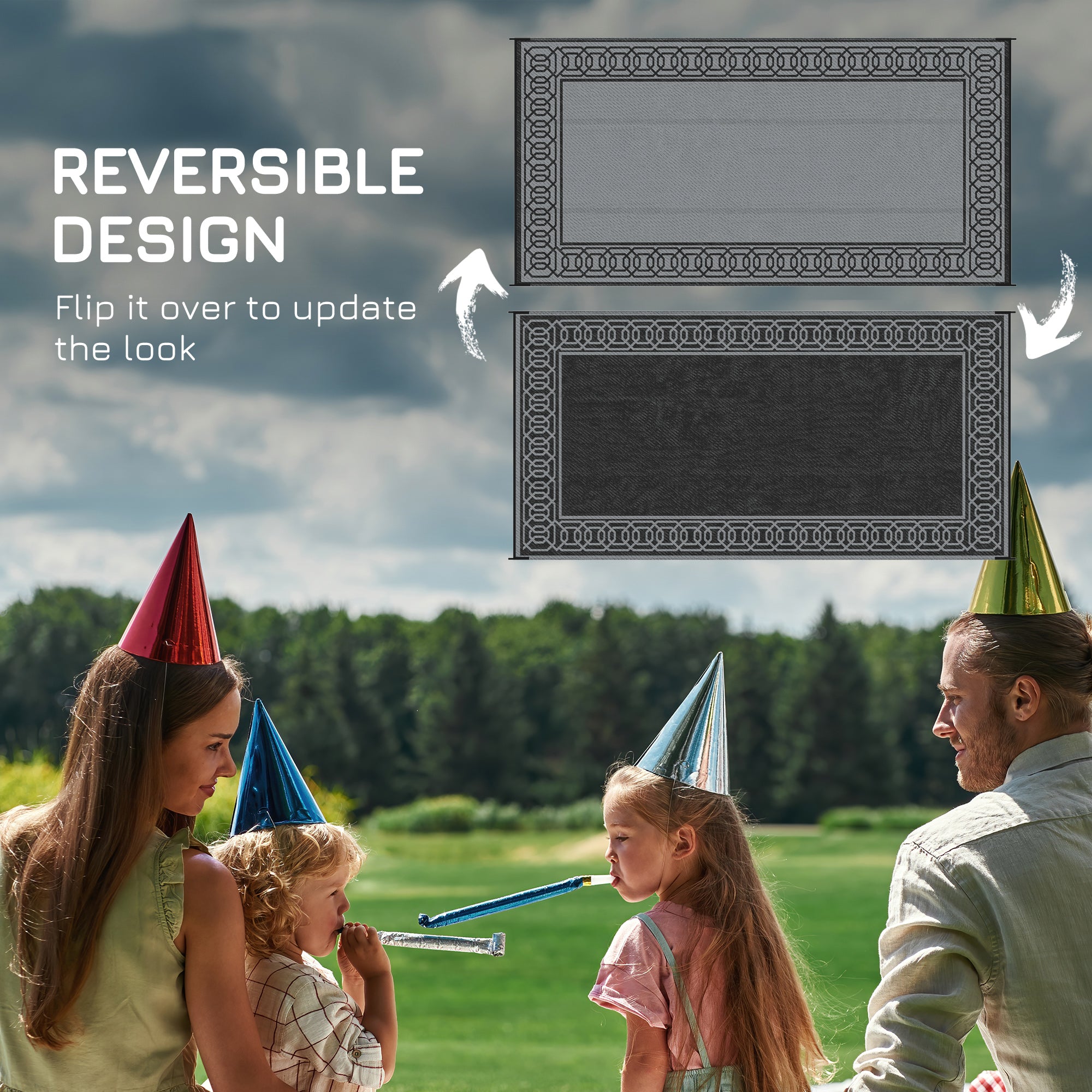 Portable Outdoor Rug with Carrying Bag, 9' x 18' Reversible Mat, Waterproof Plastic Straw RV Rug for Backyard, Deck, Picnic, Beach, Camping, Black and Grey Outdoor Reversible Rugs at Gallery Canada