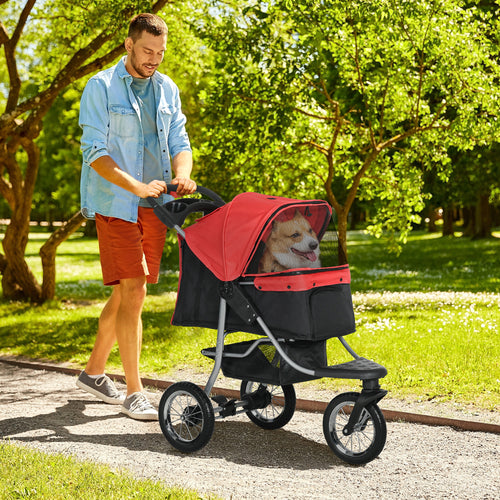 Luxury Pet Stroller Lightweight Dog Cat Travel Carriage with 3-Rubber Wheels, One-click Folding Design, Adjustable Canopy, Zippered Mesh Window Door, Red