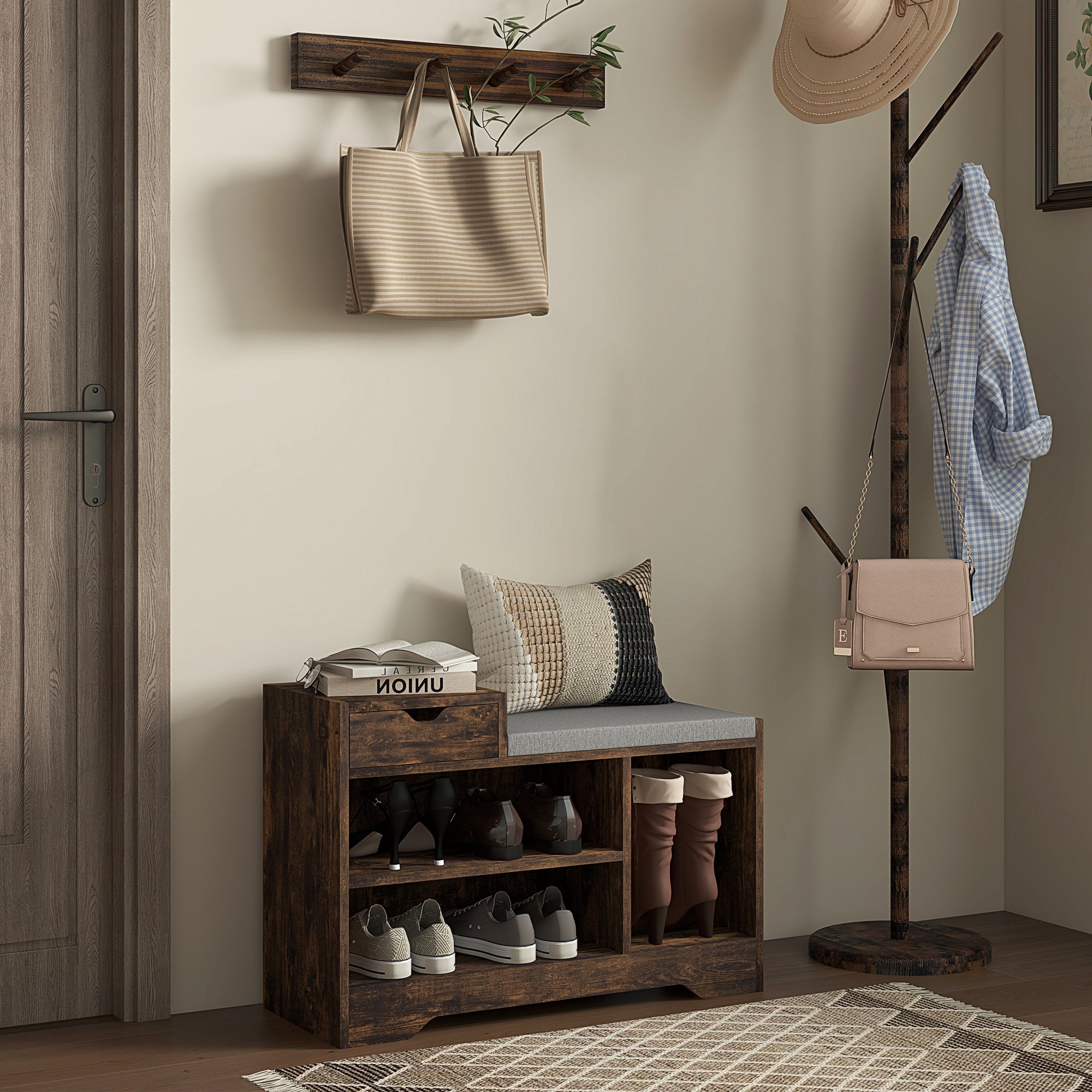 Upholstered Shoe Storage Bench, Hallway Shoe Storage with Seat, Drawer, 3 Open Shelves for Entryway, Rustic Brown Shoe Storage Cabinets & Racks Multi Color  at Gallery Canada