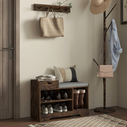 Upholstered Shoe Storage Bench, Hallway Shoe Storage with Seat, Drawer, 3 Open Shelves for Entryway, Rustic Brown