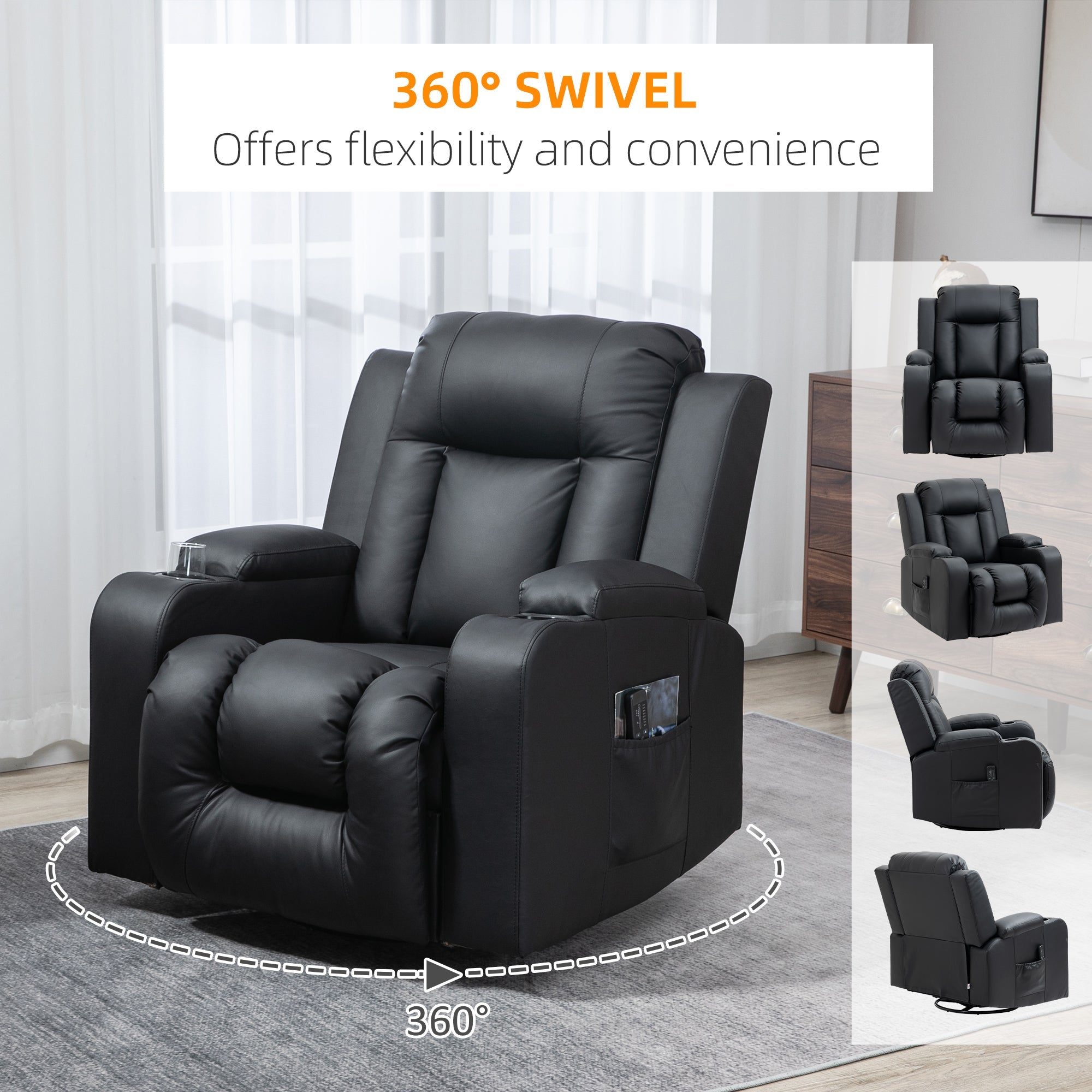 Massage Recliner Chair for Living Room with 8 Vibration Points, PU Leather Reclining Chair with Cup Holders, Swivel Base, Rocking Function, Black Single Sofas   at Gallery Canada