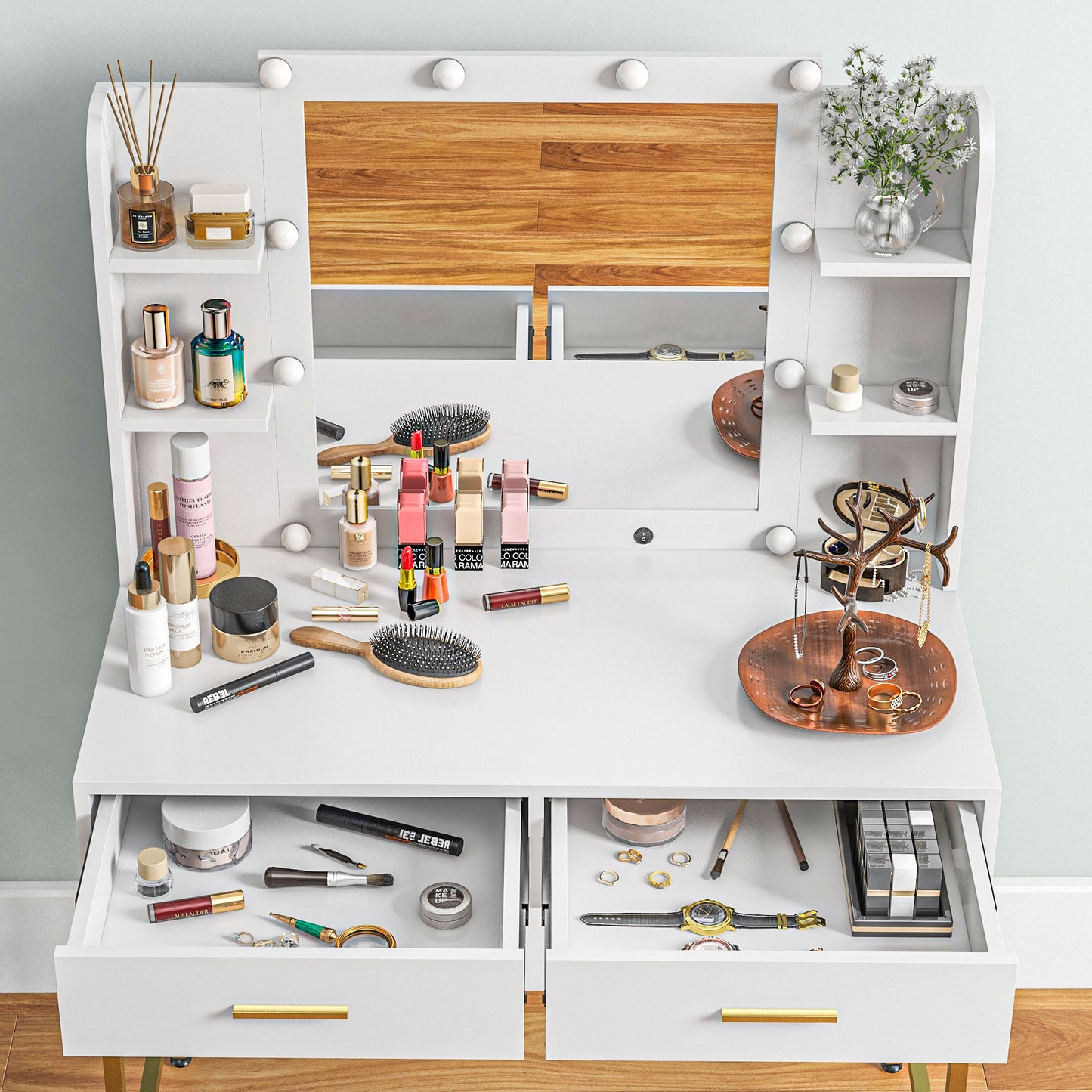 Makeup Vanity Desk Set with Lighted Mirror, Stool, Drawers, Shelves, 2 Lighting Modes, Dressing Table, White Dressing & Vanity Tables   at Gallery Canada