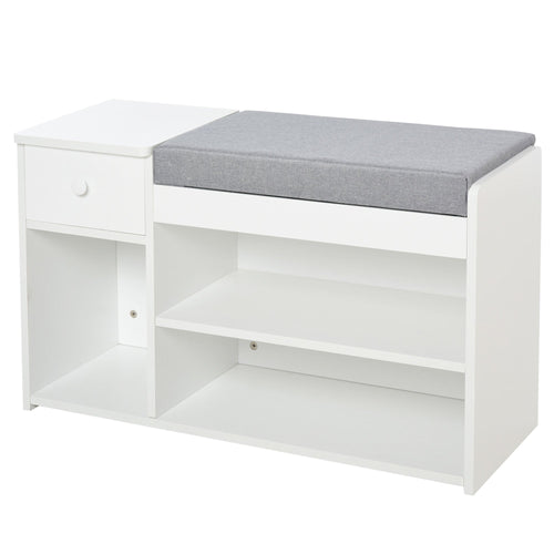 Shoe Bench with Storage, Modern Upholstered Entryway Bench with Shelves, Drawers and Table Top for Living Room, Hallway, White