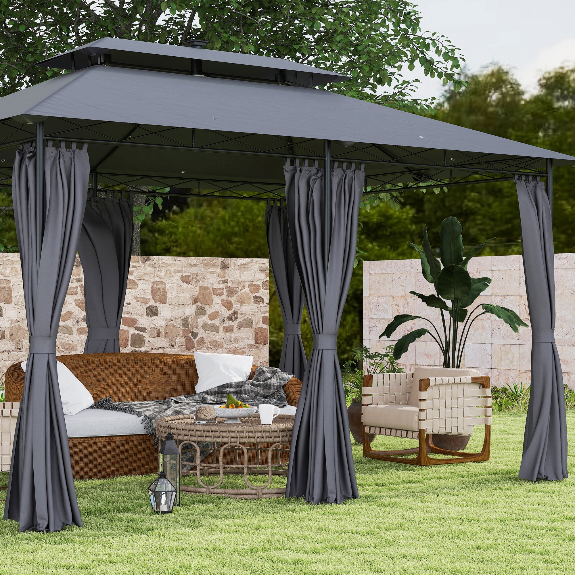 10' x 13' Outdoor Gazebo with Curtains and Solar-Powered LED Lights, Double Roof Patio Gazebo Canopy Shelter Gazebos at Gallery Canada
