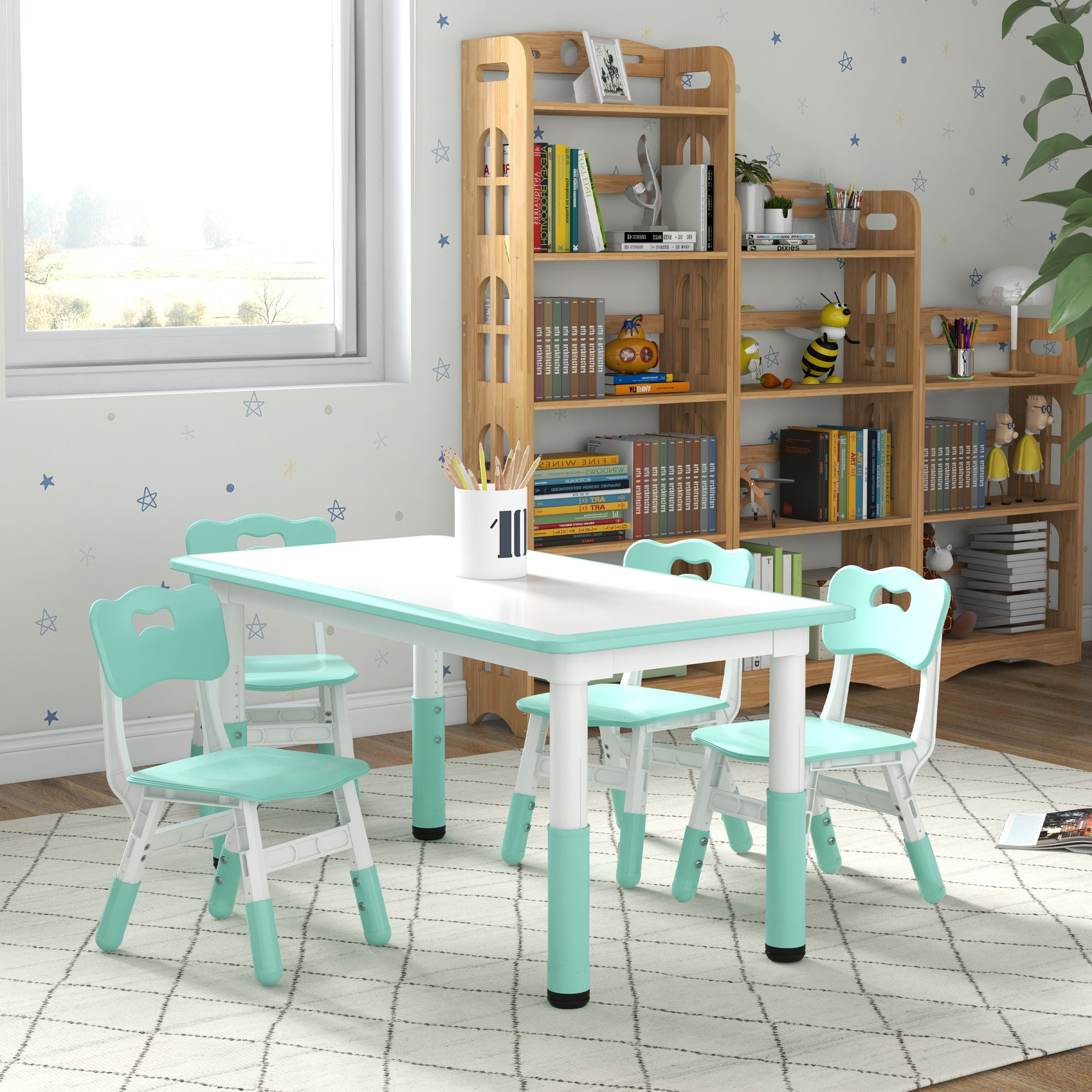Kids Table and Chair Set with 4 Chairs, Adjustable Height, Easy to Clean, for 1.5 - 5 Years Old, Green Kids Table Sets at Gallery Canada