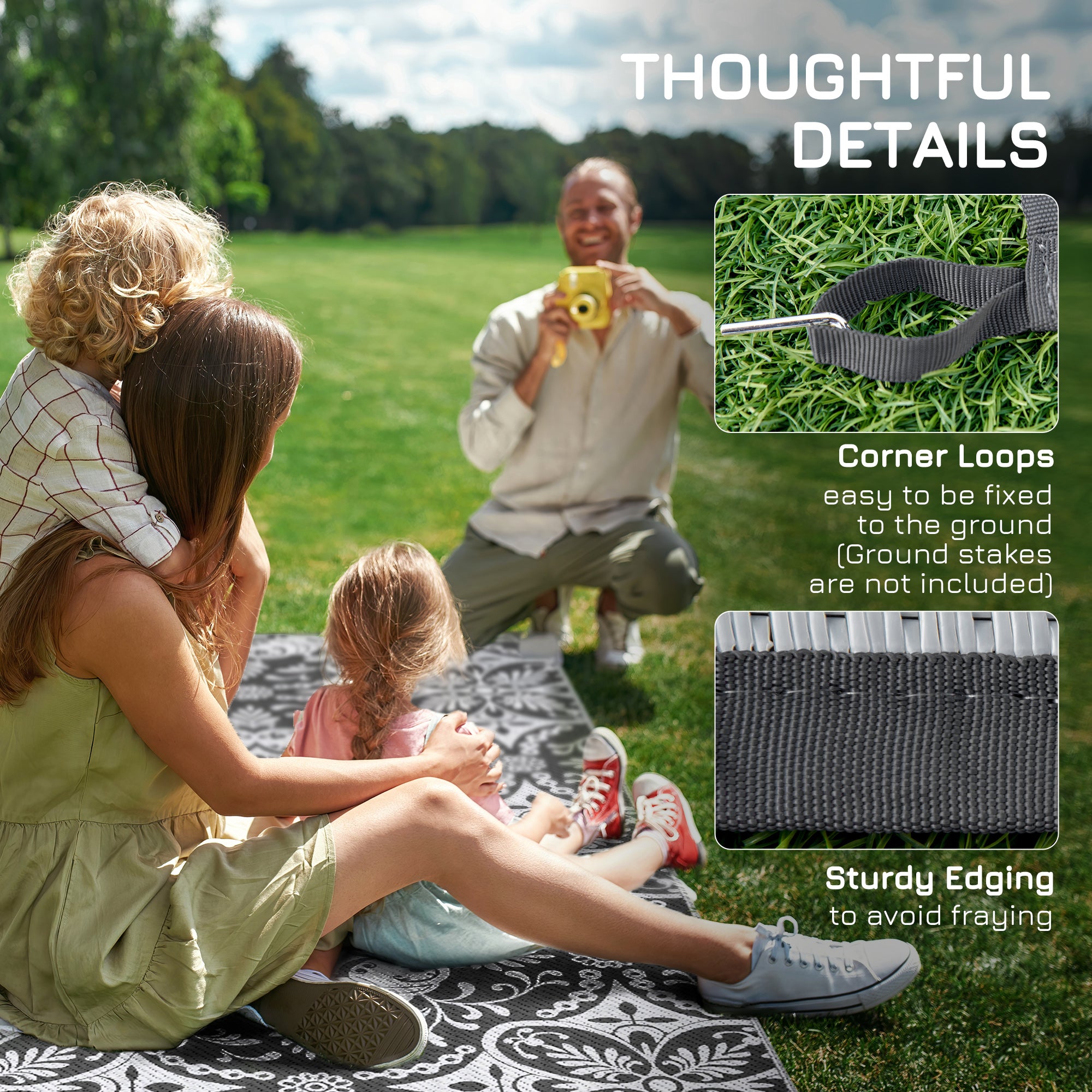 Portable Outdoor Rug with Carry Bag, 9' x 18' Reversible Mat, Waterproof Plastic Straw RV Rug for Backyard, Deck, Picnic, Beach, Camping, Gray &; White Flower Outdoor Reversible Rugs at Gallery Canada