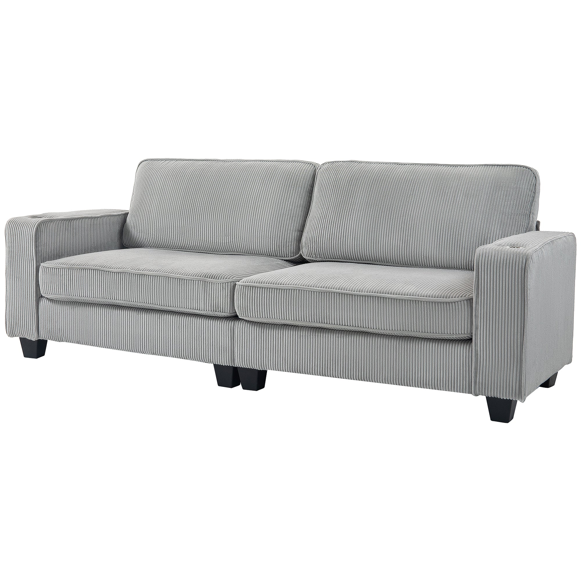 Three Seater Sofa, Fabric 3 Seater Couch with Spring Cushion and Cup Holders for Living Room, Bedroom, Light Grey 3-Seater Sofas Light Grey at Gallery Canada