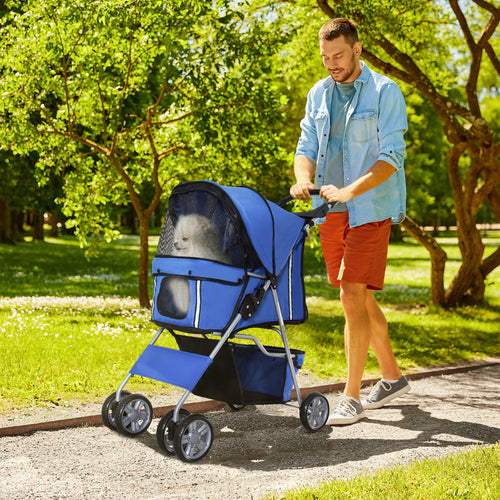 4 Wheel Dog Pet Stroller Dog Cat Carrier Folding Sunshade Canopy with Brake, Blue