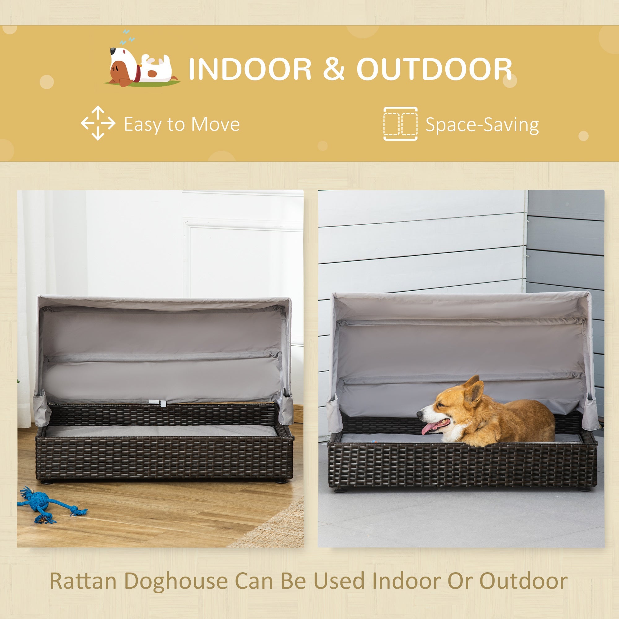 Wicker Dog House, Elevated Pet Sofa, Rattan Cat Bed, Indoor Outdoor Use, for Garden Patio with Foldable Roof, for Small or Medium-Sized Dogs, Coffee Houses, Kennels & Pens   at Gallery Canada