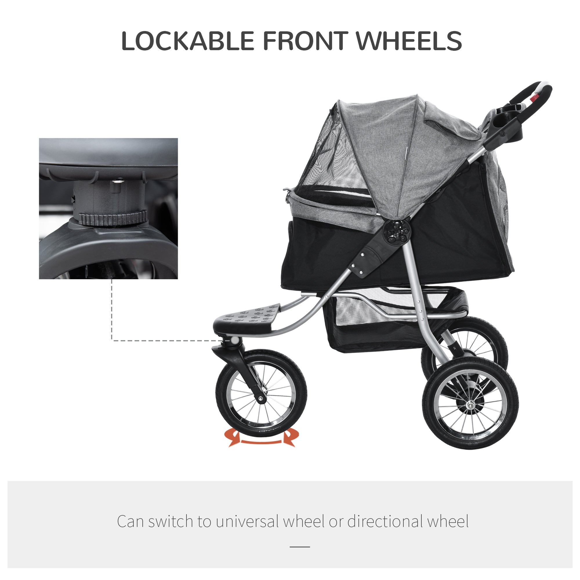 Pet Stroller with 3 Wheels, One-click Folding Design, Adjustable Canopy, Zippered Mesh Window Door, Grey Dog Bike Trailers & Strollers   at Gallery Canada