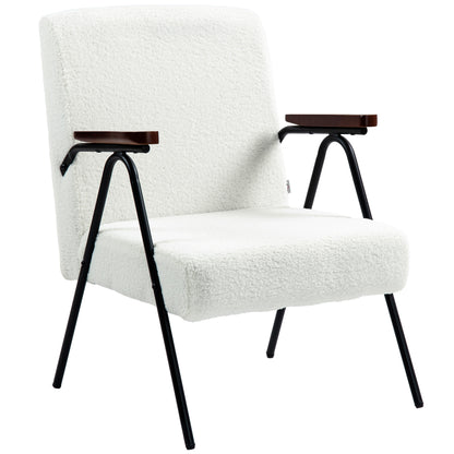 Modern Armchair, Upholstered Teddy Fleece Accent Chair with Wood Arms and Steel Frame for Living Room, Bedroom, White Accent Chairs   at Gallery Canada