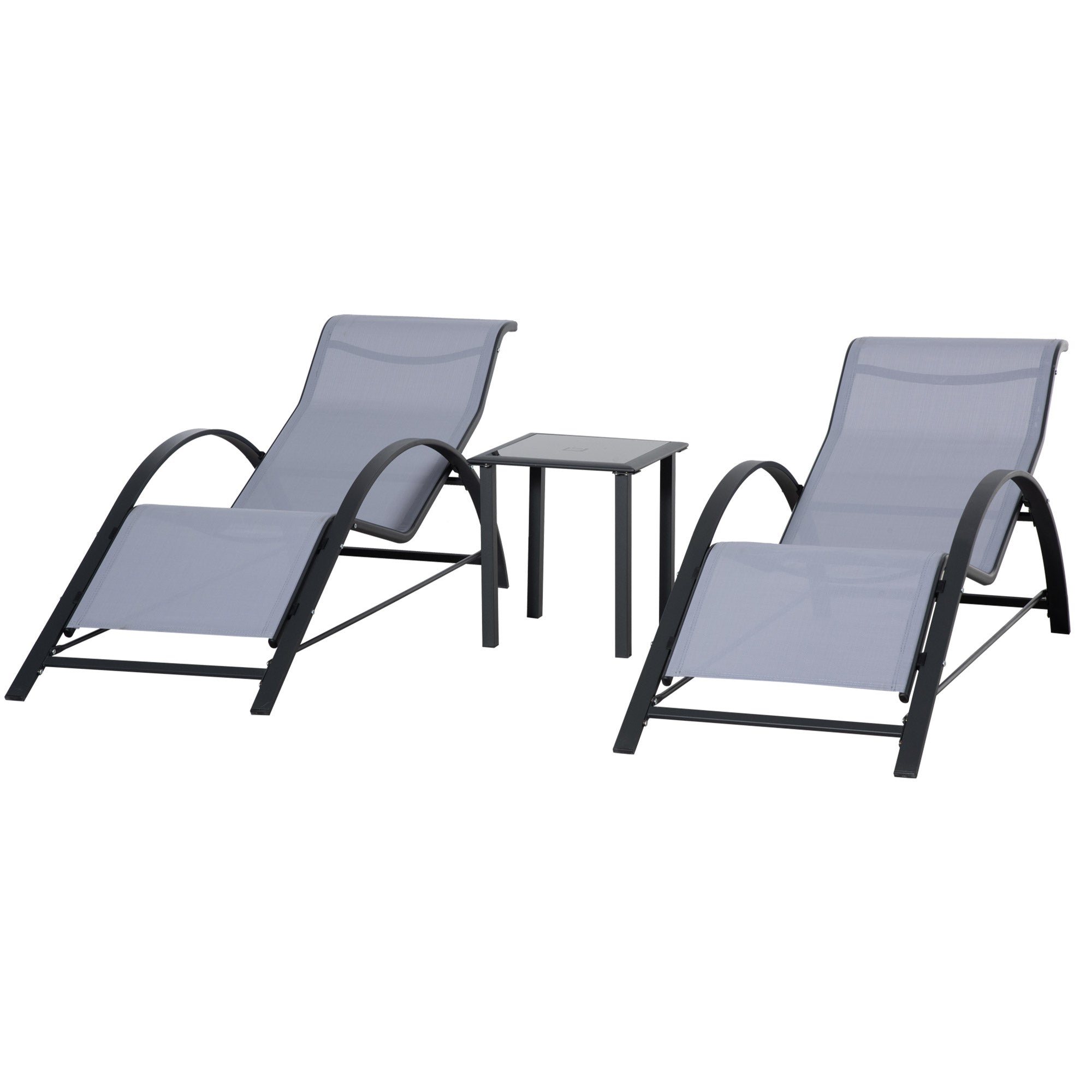 3 Pieces Outdoor Lounge Chair Set, 2 S-Shaped Lawn Chairs and a Glass Table for Patio, Yard, Light Grey Lounger Chairs   at Gallery Canada