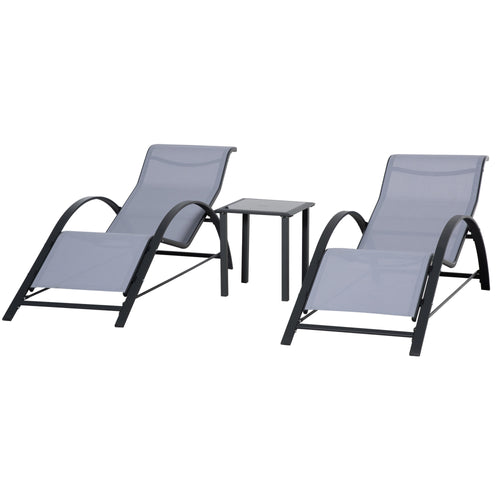 3 Pieces Outdoor Lounge Chair Set, 2 S-Shaped Lawn Chairs and a Glass Table for Patio, Yard, Light Grey