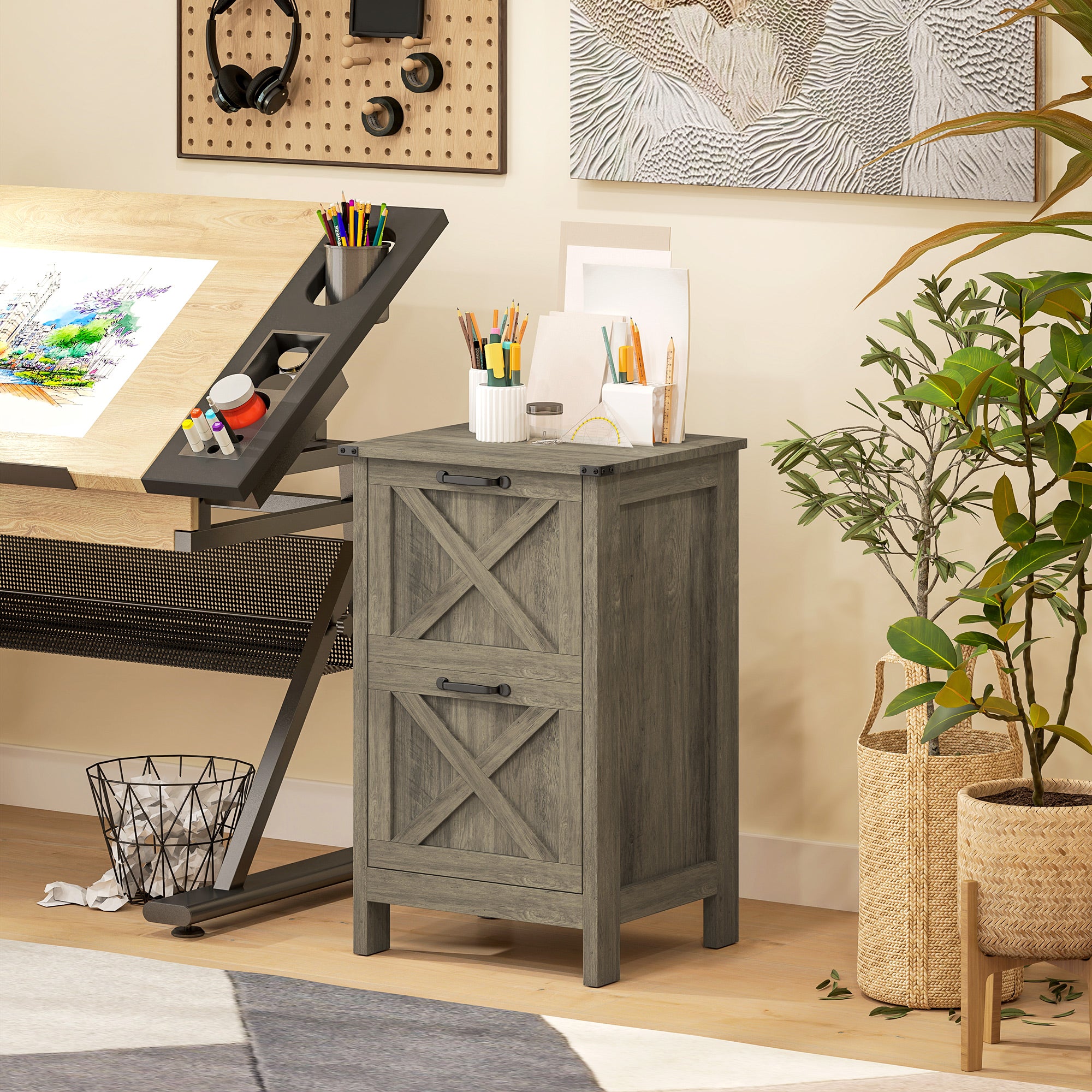 Vertical Filing Cabinet with 2 Drawers, Rustic Farmhouse Office Storage Cabinet for A4, Letter Size, Grey Wash Office Cabinets & Cupboards at Gallery Canada