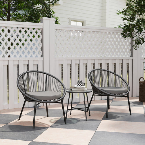 3 Piece Wicker Patio Furniture Set with Soft Seat Cushions, Tempered Glass Tabletop, Bistro Set for Garden, Black