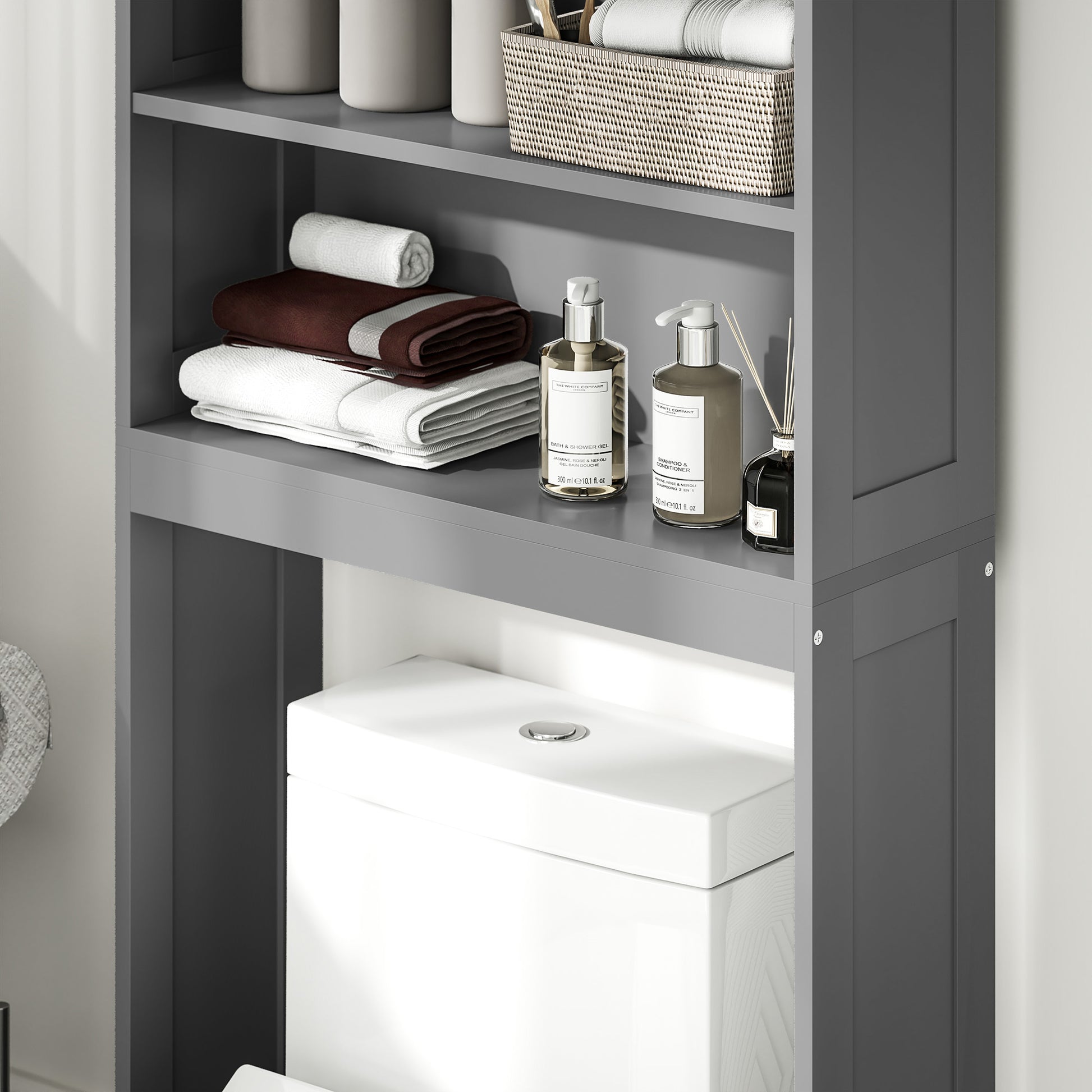 Modern Over The Toilet Storage, Bathroom Cabinets Over Toilet with Open Shelves and Double Door Cabinet, Grey Bathroom Cabinets   at Gallery Canada