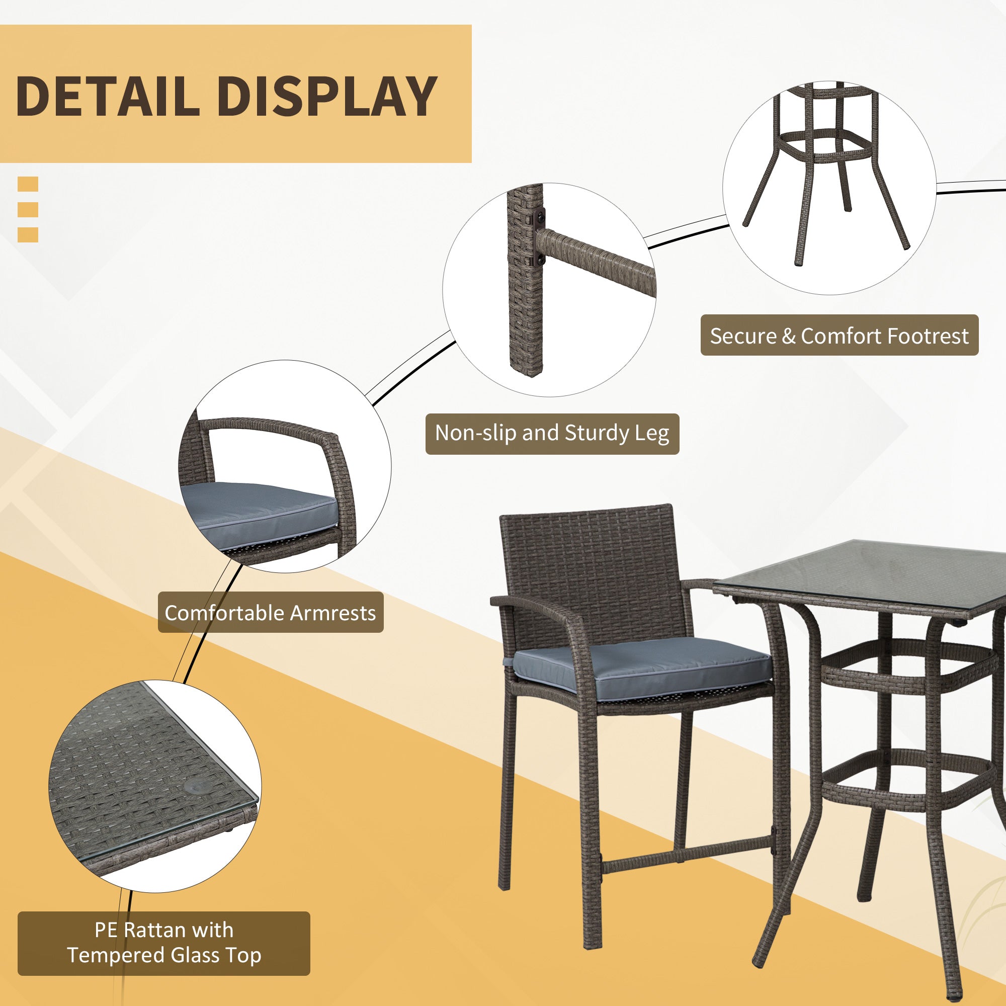 3 Pieces Patio Bar Set Wicker Garden Bistro Set Outdoor Furniture PE Rattan Table and Stools with Seat Cushion, Grey Bistro Sets at Gallery Canada
