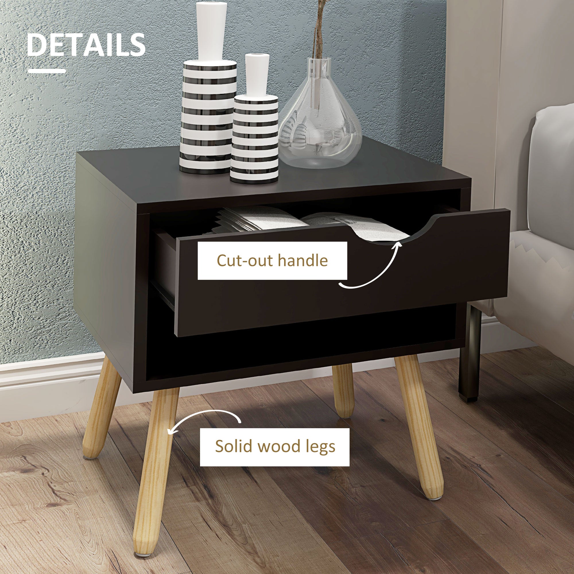 Set of 2 Nightstands with Storage Drawer and Shelf, Modern Bedside Table for Bedroom, Black Bedside Tables at Gallery Canada