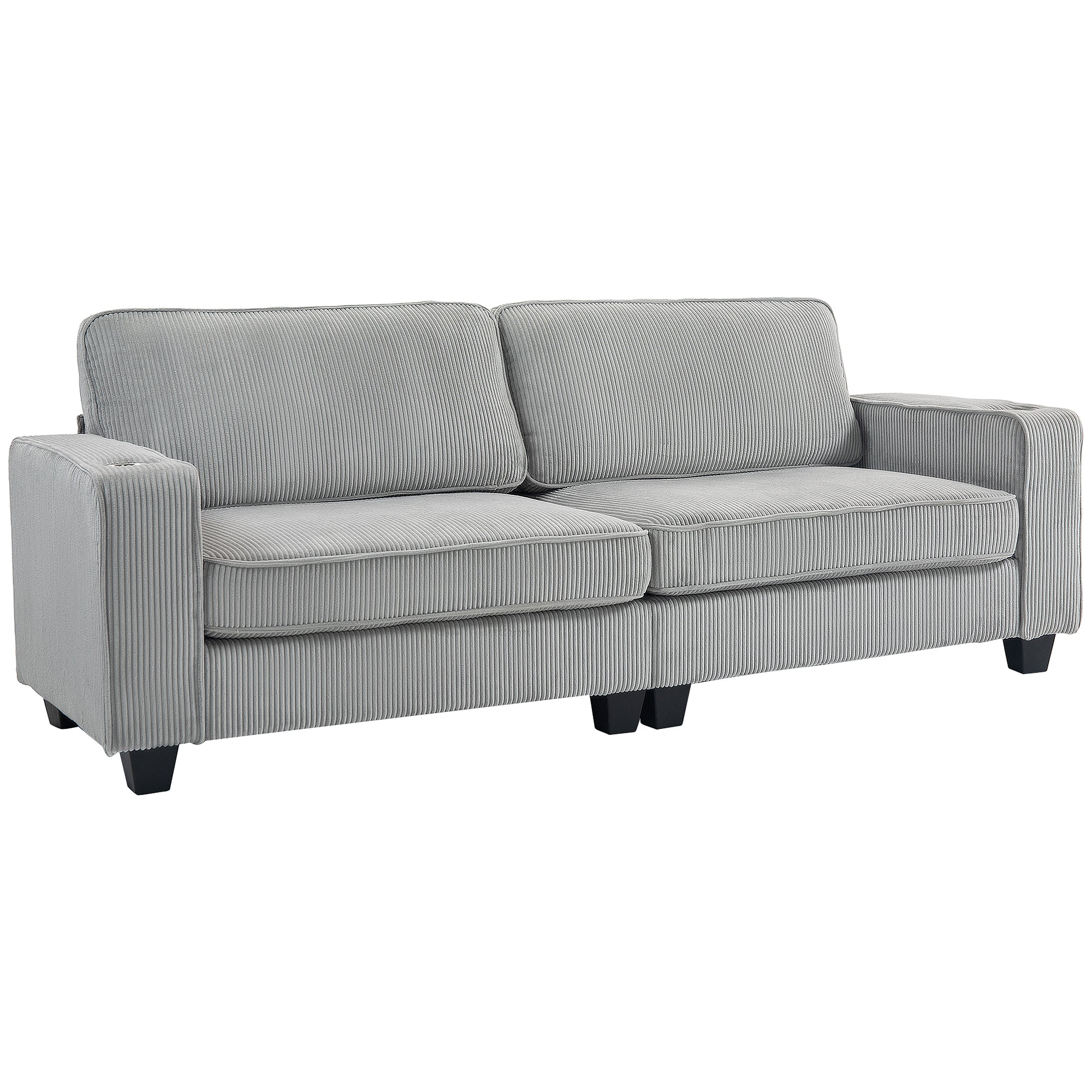 Three Seater Sofa, Fabric 3 Seater Couch with Spring Cushion and Cup Holders for Living Room, Bedroom, Light Grey 3-Seater Sofas at Gallery Canada